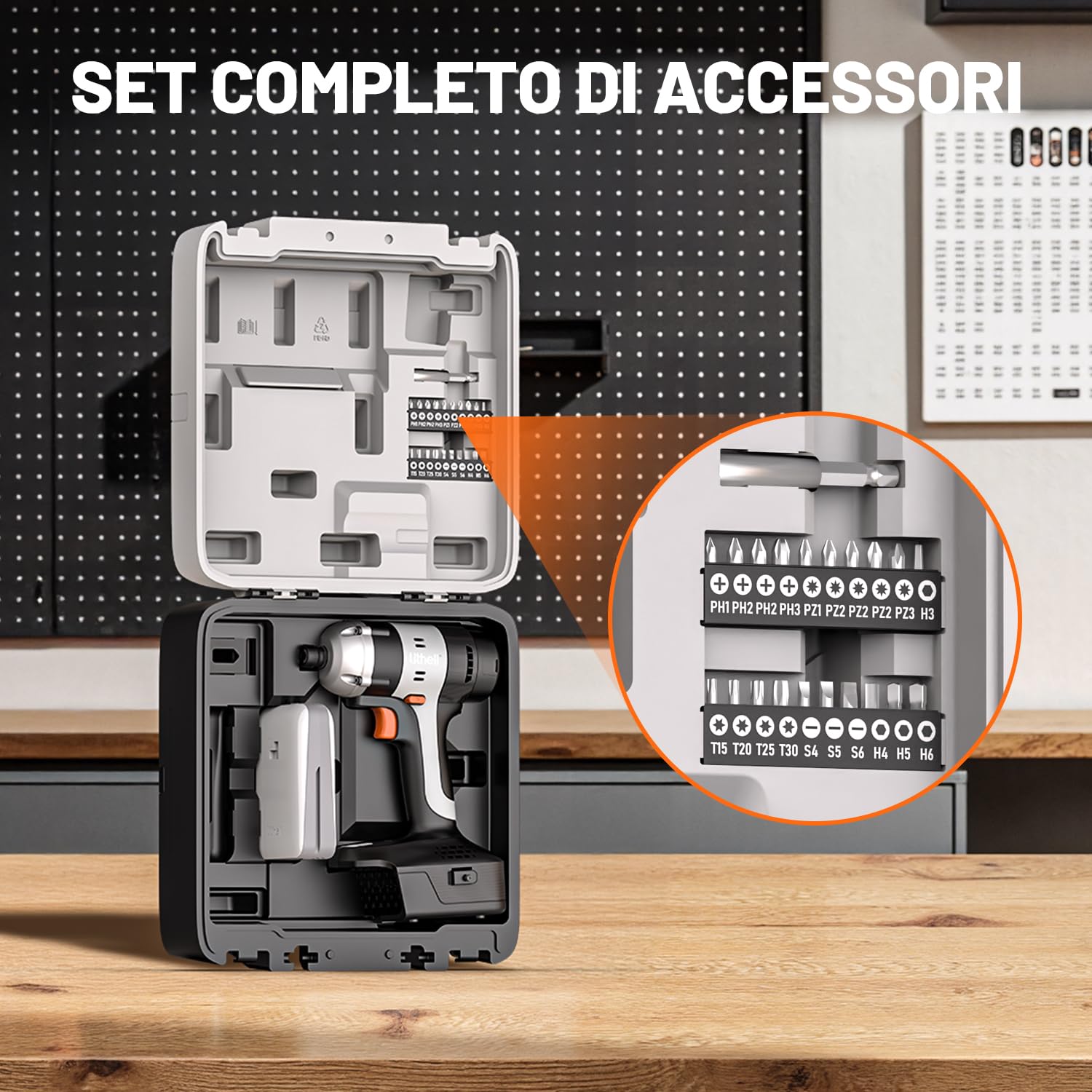 Litheli Trapano avvitatore a percussione, 1/4", attacco esagonale a batteria, con batteria da 20 V, 2,0 Ah, 180 Nm, 3000IPM, incluso LED, clip per cintura e 21 accessori