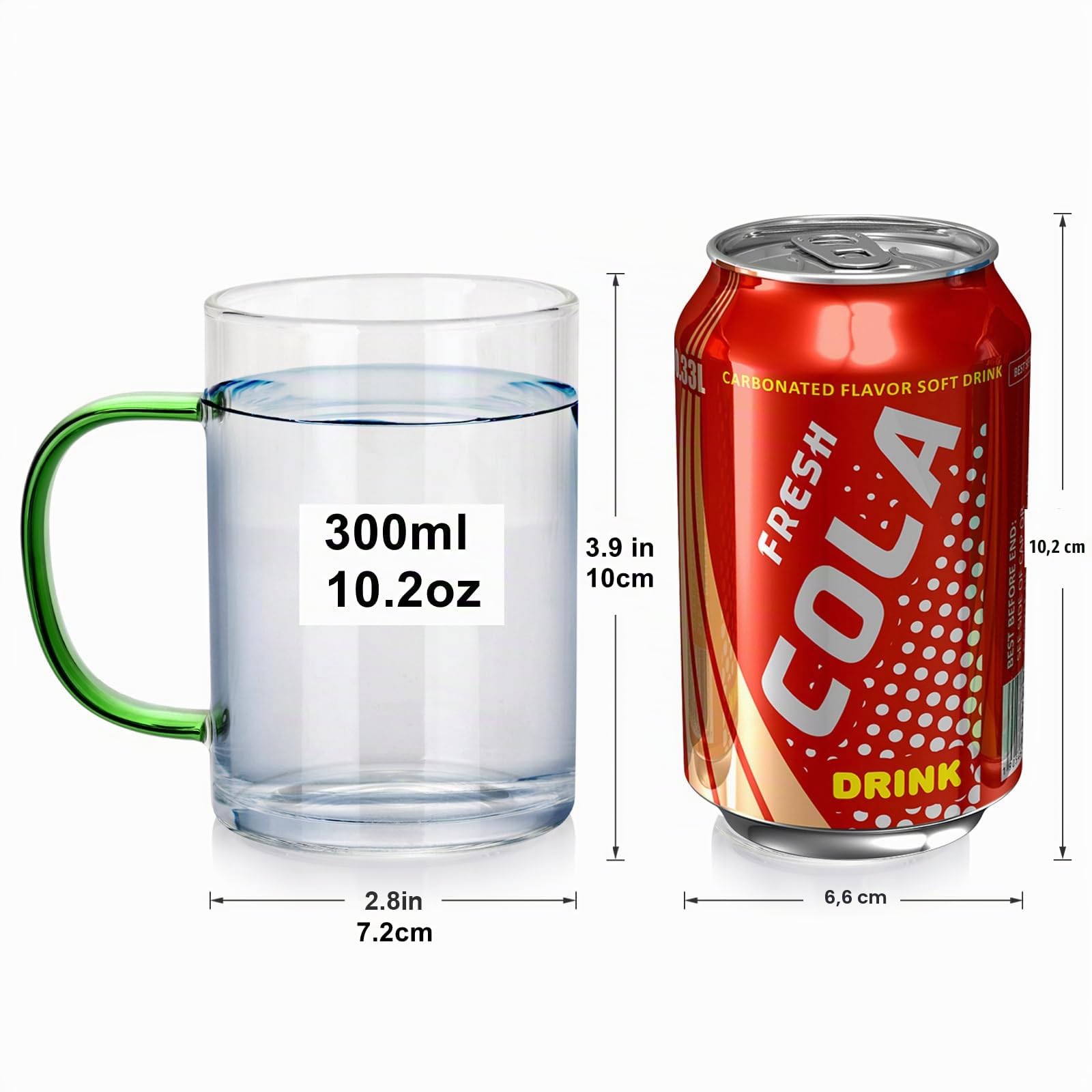 Bicchieri da caffè trasparenti, 315ml, bicchieri da bere con manico colorato, tazze da caffè resistenti al calore, bicchieri per latte macchiato, tazze da tè, per feste e ristoranti, set da 6