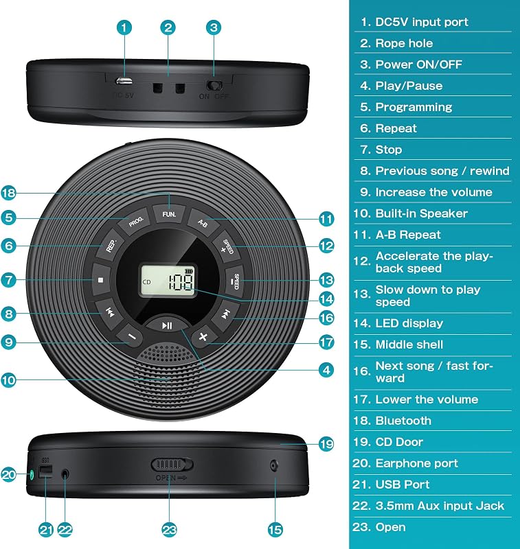 KOVCDVI Hordozható CD Lejátszó Bluetooth Funkcióval 1500 mAh Akkumulátor Hangszóróval USB AUX Lejátszás LCD Kijelző A-B Ismétlés