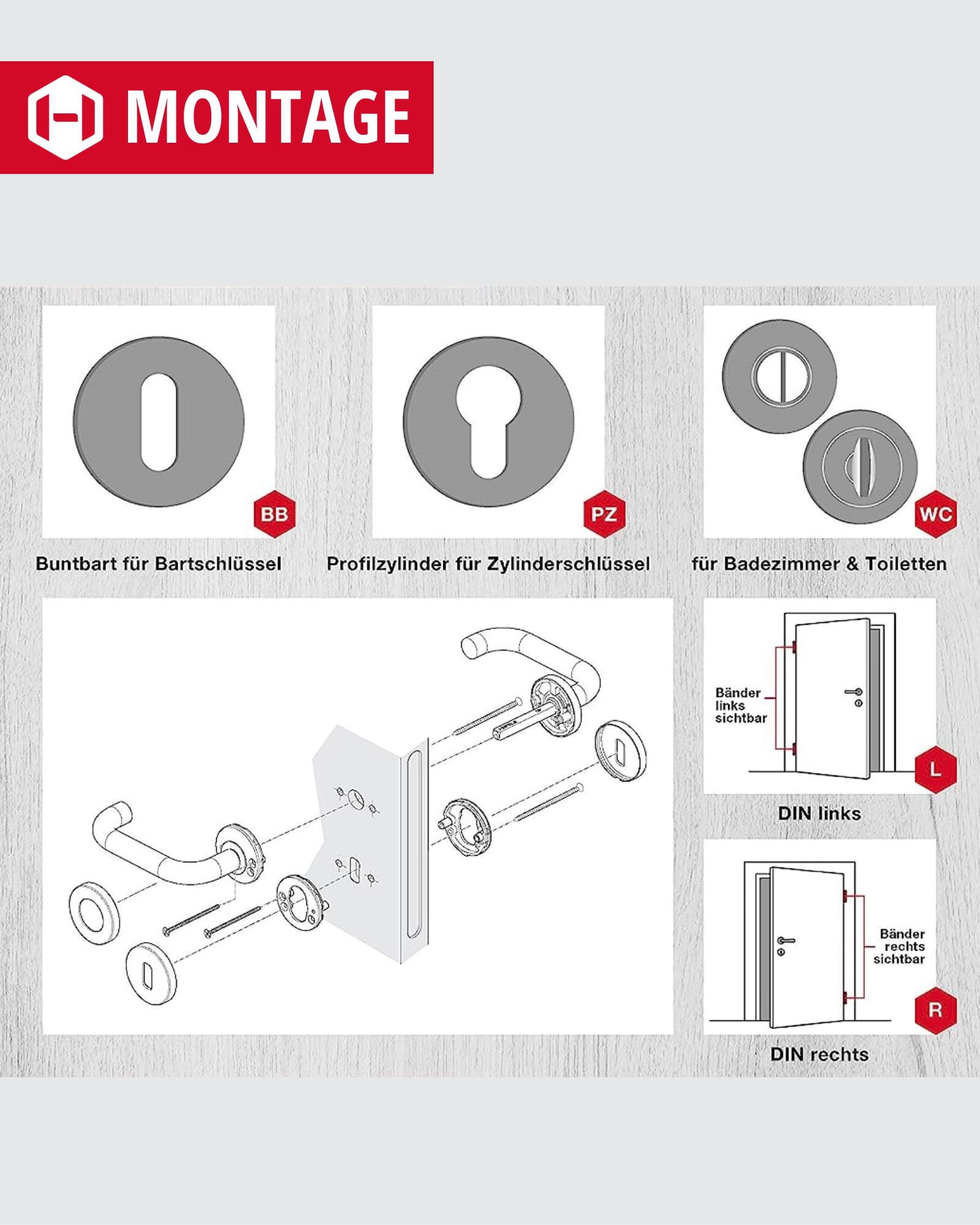 JUVA Poignee de Porte en Acier Inox | LDH 2171 | 1 Kit - Poignée à béquille avec bouton et vis | DIN Droite | Garniture porte avec plaque longue pour portes