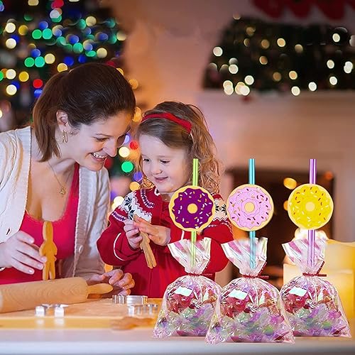 Miniatura 5 de 24 popotes reutilizables con forma de dona y arco iris loco para suministros de fiesta de cumpleaños, decoraciones de fiesta con 2 cepillos de