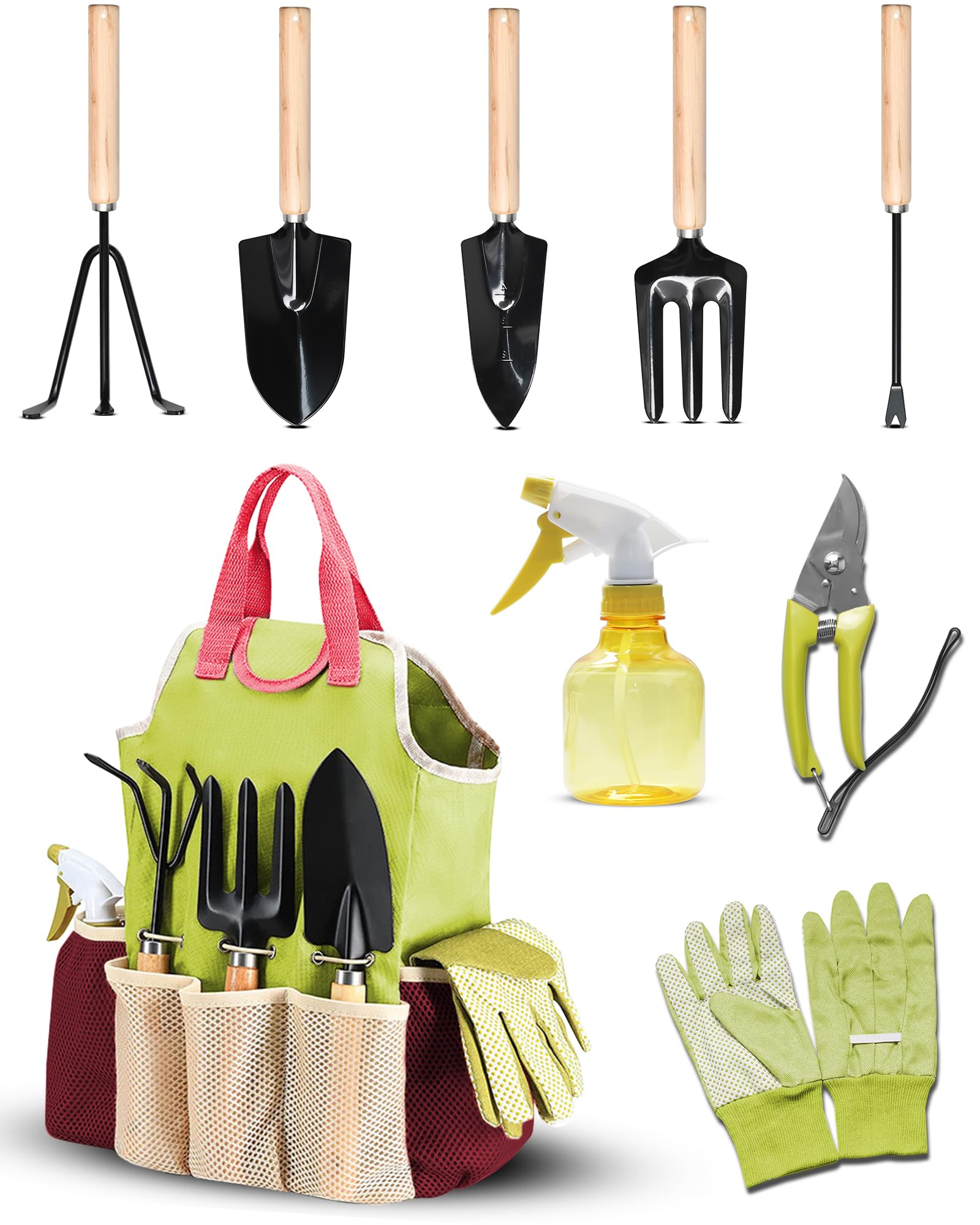 Juego de Herramientas para Jardín 9PC Kit Jardineria，Juego de Herramientas Jardinería de Acero Inoxidable，de Jardín, Tijeras Podar, Pala Jardinería, Guantes, Paleta y Rastrillo de Mano etc