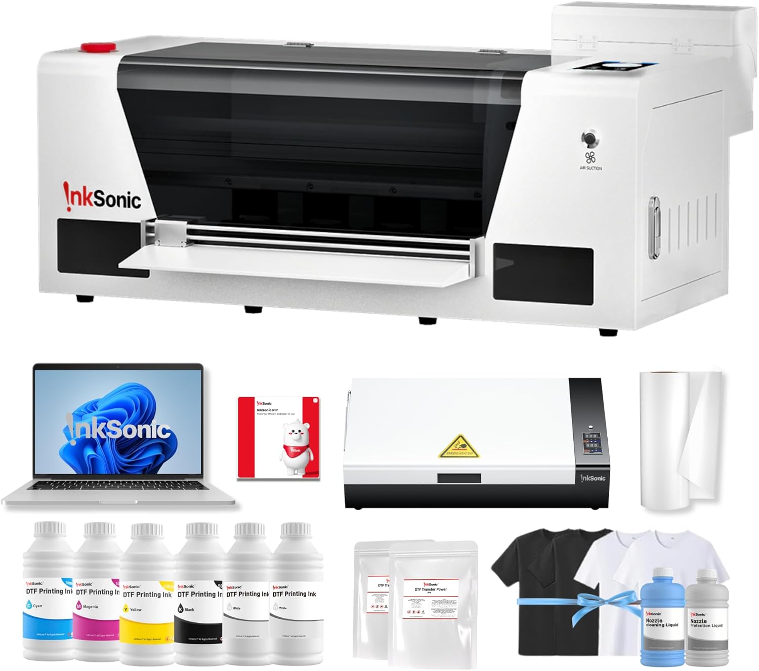 InkSonic A3+ F1080 DTF Printer with Oven & Laptop, 24/7 Auto Maintenance H13 T-Shirt Printing Machine with Film Cutter, 2X Faster Than L1800/L805, 2026 Upgraded Motherboard & RIP Software