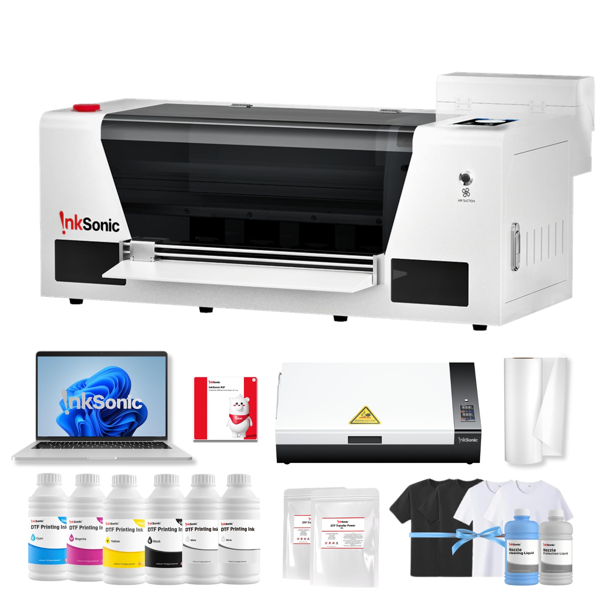 RocRow InkSonic A3+ F1080 DTF Printer with Oven & Laptop, 24/7 Auto Maintenance H13 T-Shirt Printing Machine with Film Cutter, 2X Faster Than L1800/