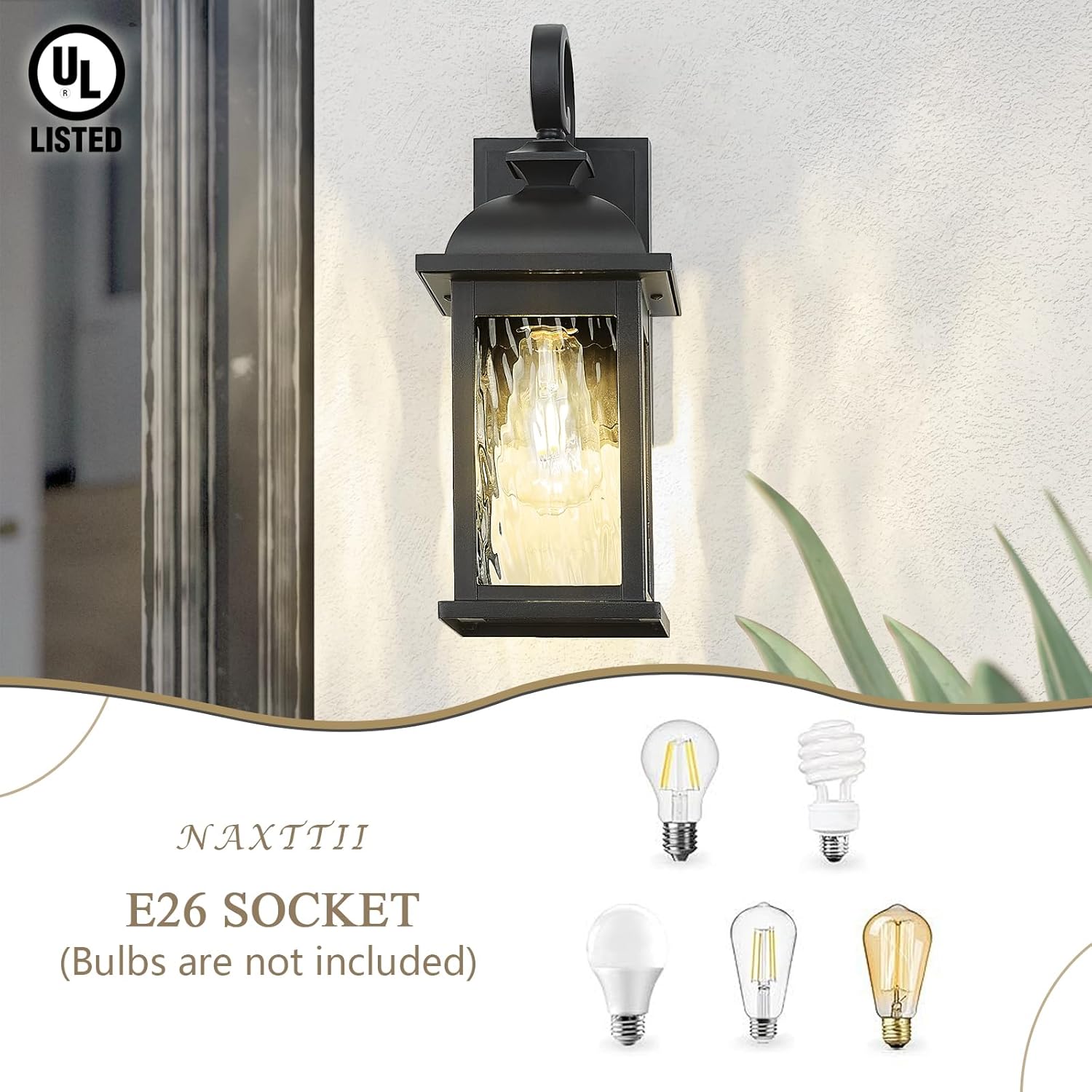 Outdoor Wall Lights Waterproof Exterior Sconce Porch Light Wall Mounted Outdoor Wall Lighting Fixtures with Water Ripple Glass Modern Outside Wall Lamps for House Patio Garage