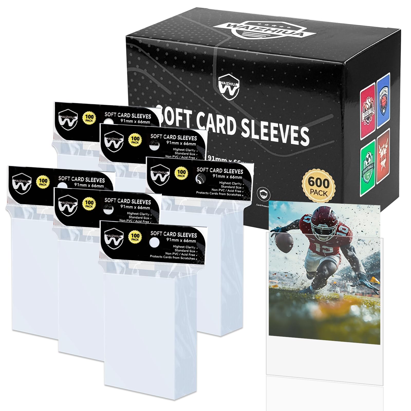 WAIZHIUA 600 Pieces Pro Card Sleeves - 66x91mm Standard Size Penny Sleeves, Top Loaders for MTG, Sports Cards, Acid-Free Non-PVC, Waterproof & Ultra-Clear Protection