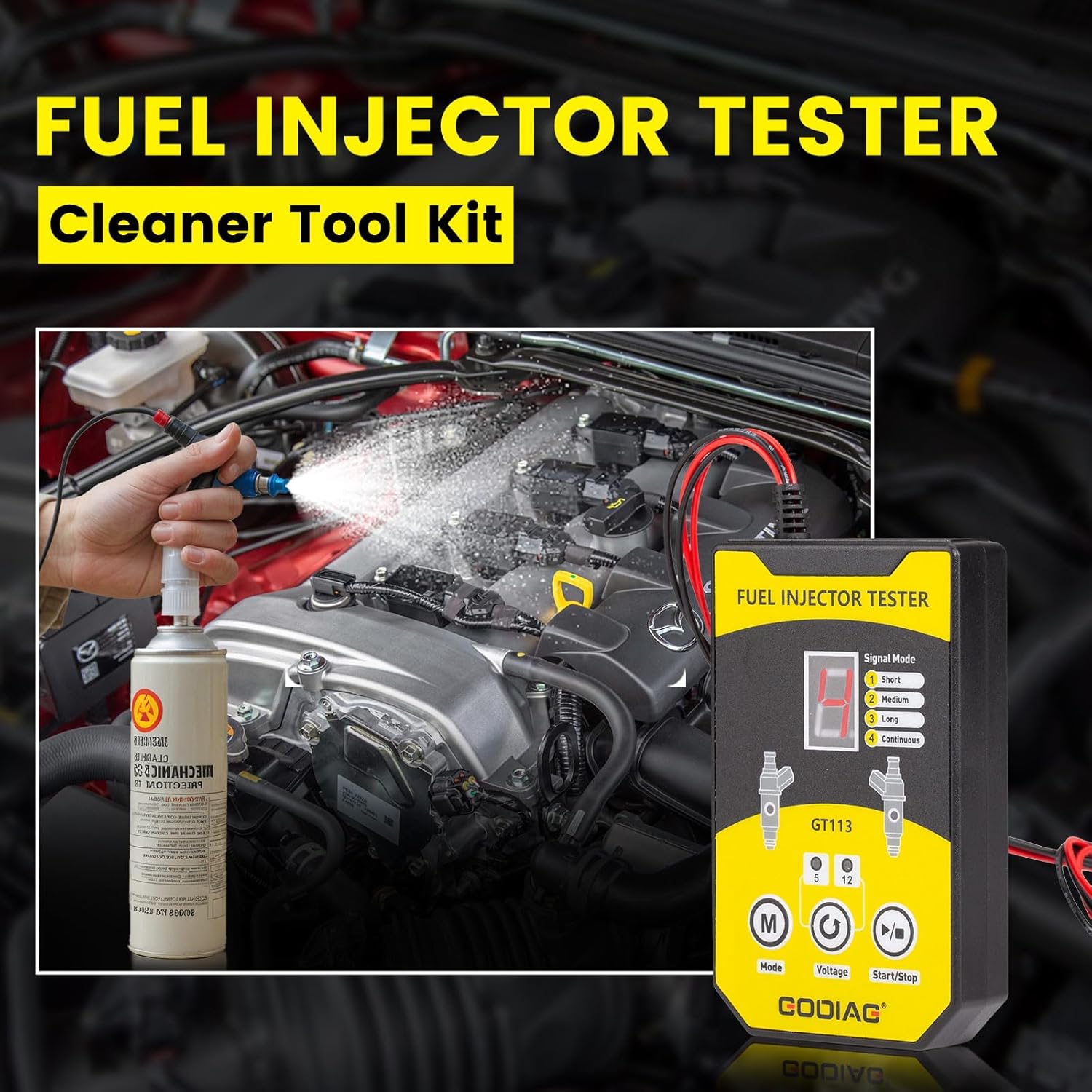 GODIAG GT113 Fuel Injector Tester in use, cleaning an injector