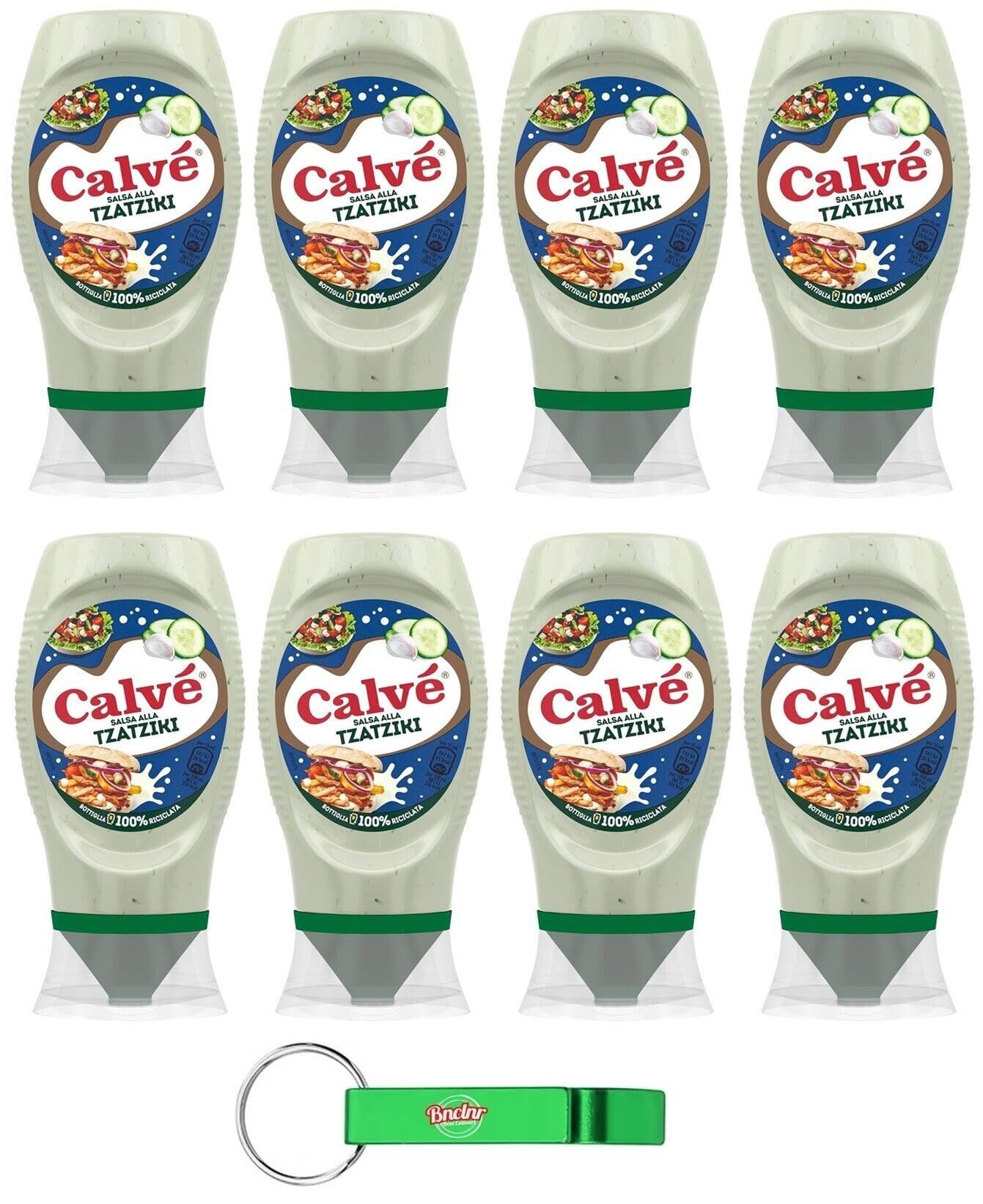 8x Calvé Tzaziki Sauce,Würzsoße auf Basis von Gurken und Knoblauch,Glutenfrei Würzsauce,Top Down 250ml + Beni Culinari Kostenloser Schlüsselanhänger