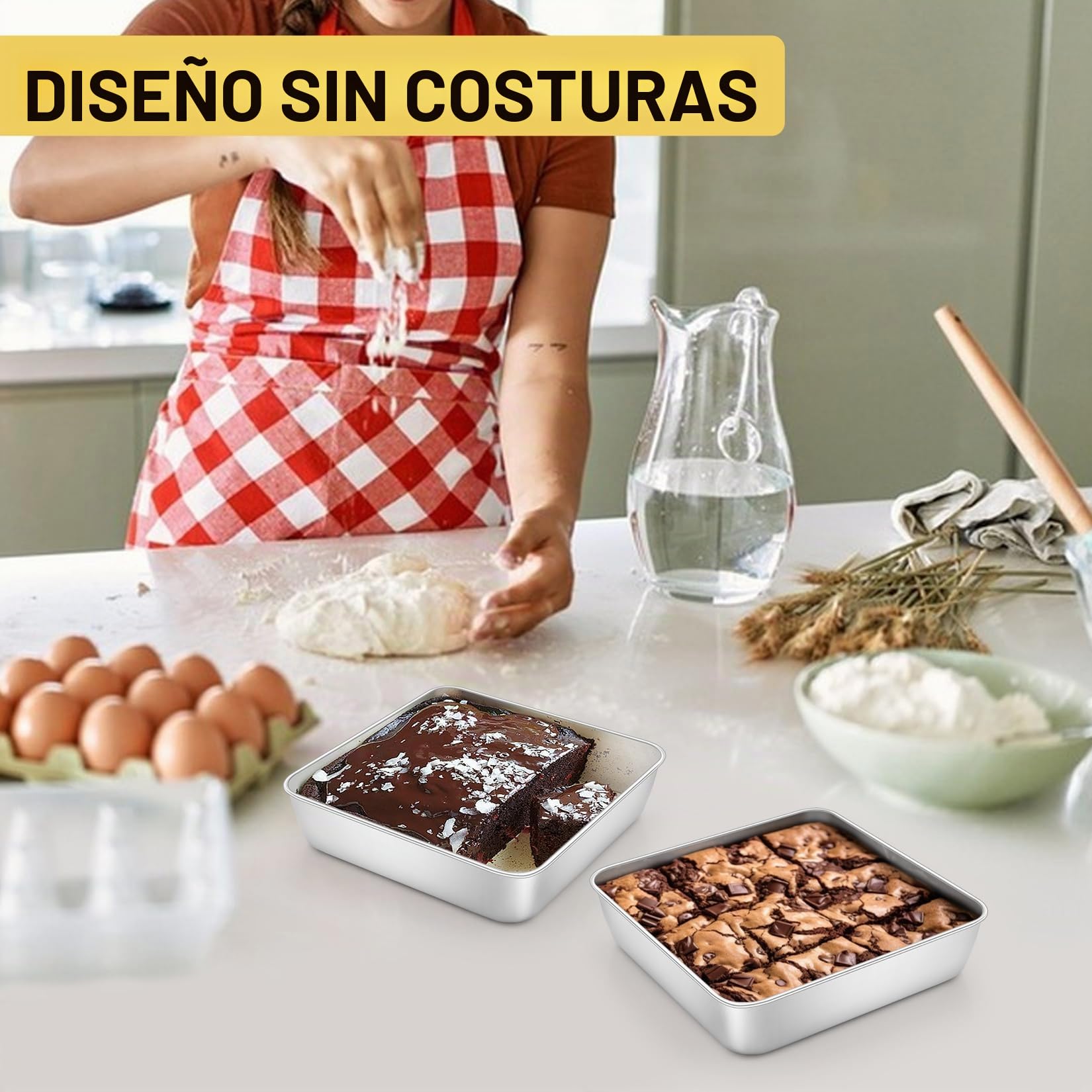 Onader - Juego de 2 moldes cuadrados de acero inoxidable para tartas, brownie, lasaña, saludables y aptos para lavavajillas, 15 x 15 x 5 cm