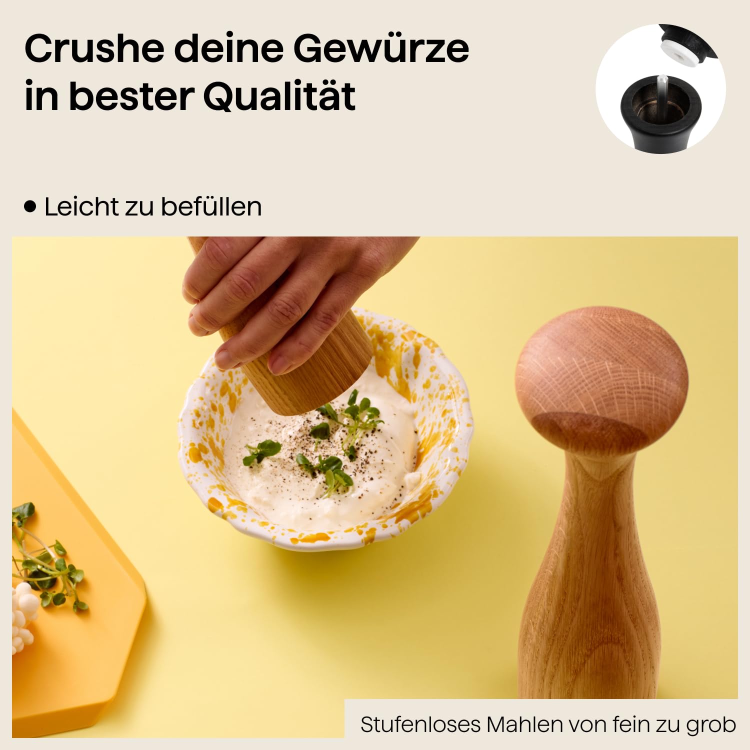 Crushgrind Lyon Gewürzmühle mit Keramikmahlwerk | Holz-Braun | Salz und Peffermühle mit verstellbarem Mahlgrad | Kräutermühle aus hochwertigen, nachhaltigen Materialien (Eiche, 19 cm)