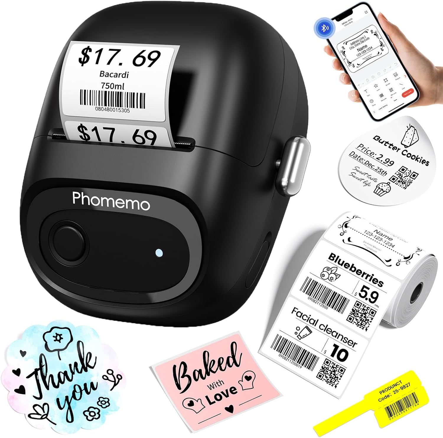 Phomemo Label Maker, M160 Bluetooth Address Label Printer with Different Fonts and Templates, 2 Inch Barcode Label Maker for Small Business, Mailing, Logo, Clothing, Sticker Printer for Phone& PC