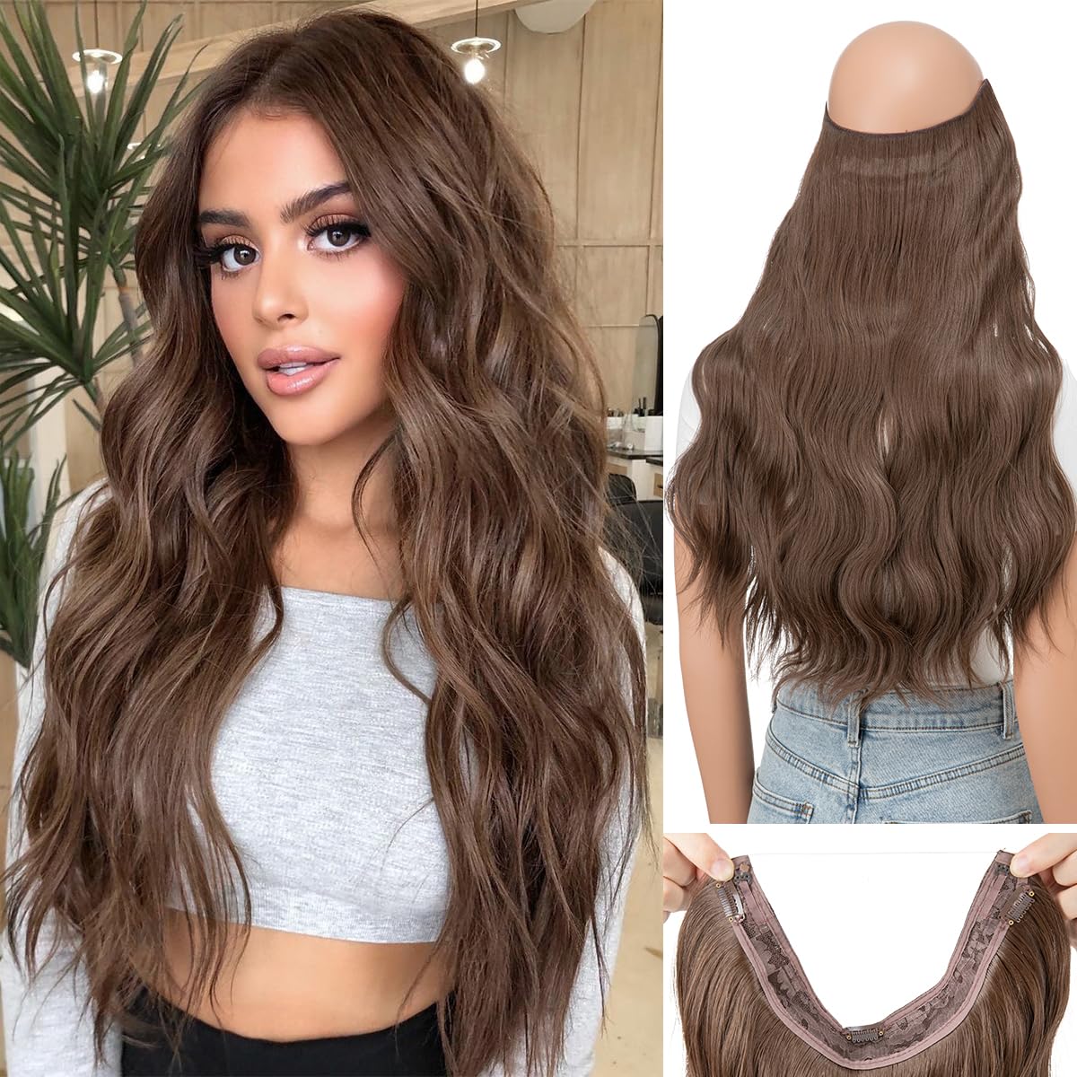 Invisible Transparent Wire Hair Extensions with 3 Secure Clips Adjustable Headband Size Wavy Curly Long Synthetic Hairpiece Medium Brown 20 Inch