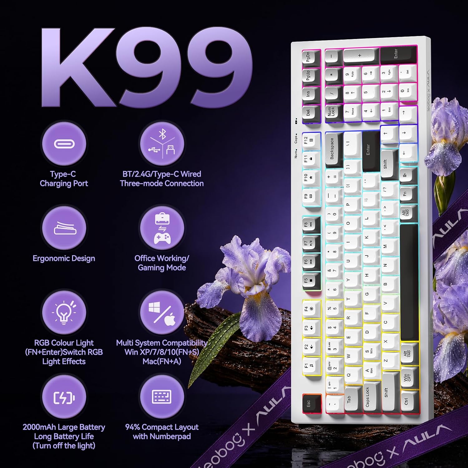 LEOBOG x Aula Wireless Keyboard 98 Keys Membrane Computer Keyboards | Silent Keyboard, 2000mAh Creamy Keyboard with Number Pad, Tri-Mode BT/2.4GHz/USB-C Connection for PC MAC Office Dorm Rooms