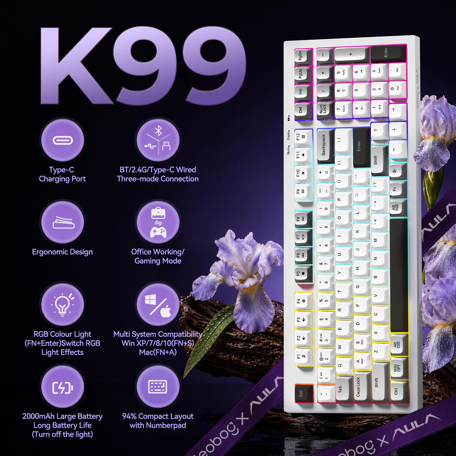 LEOBOG Clavier sans fil Aula 98 touches à membrane pour ordinateur