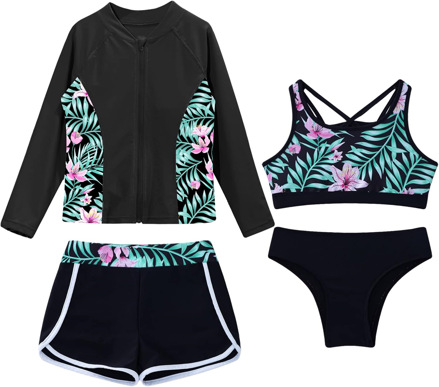 TTAO Girls 4Pcs Long Sleeve Swimsuit with Bkini and Shorts Tropical Pattern Rash Guard Set