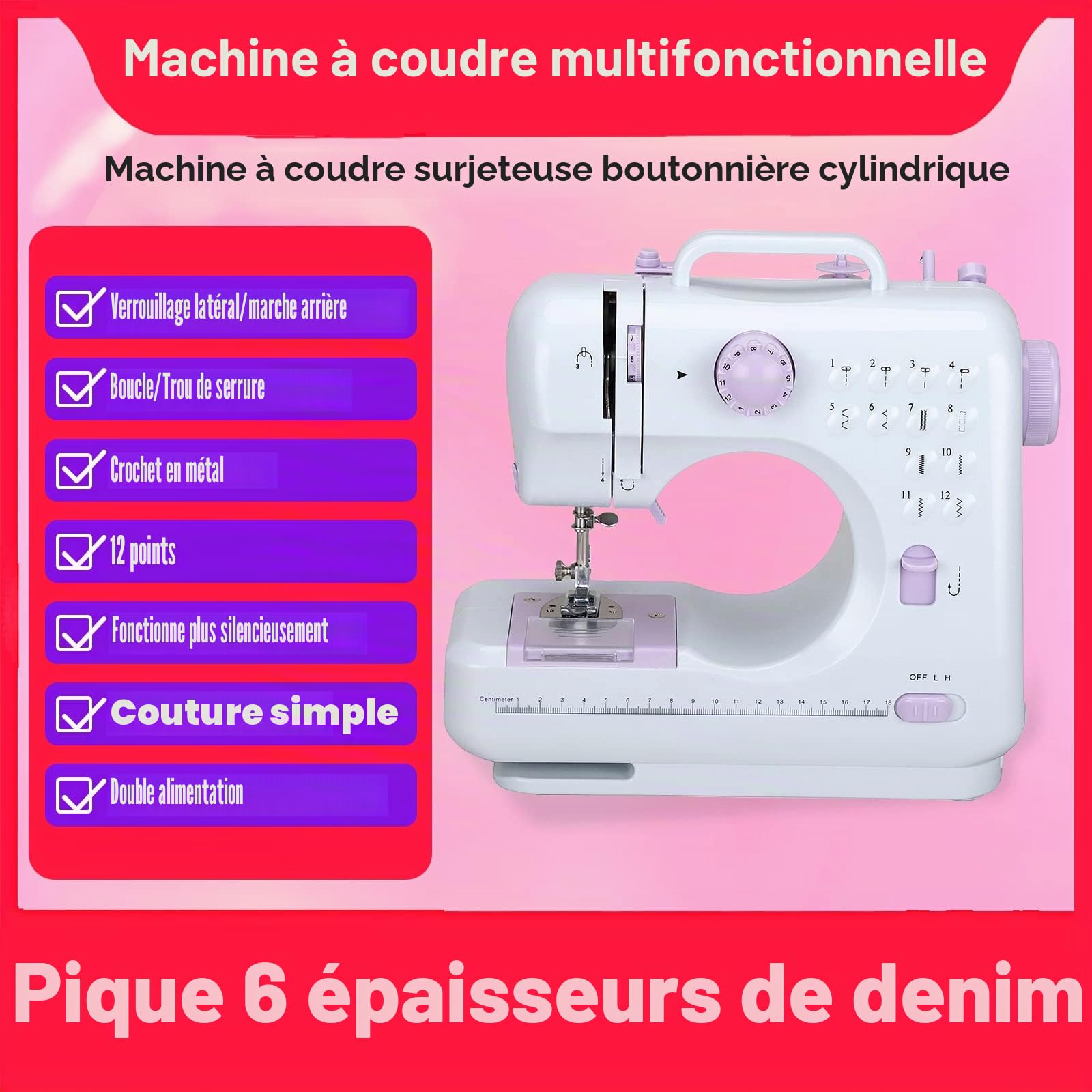 Machines à coudre simples, machine à coudre multifonction à 12 points, double ligne, machine à coudre domestique surjeteuse avec deux vitesses pour enfants et débutants