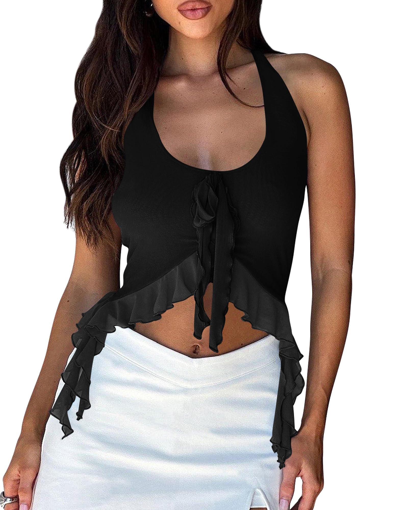 cailami Women's Sexy Halter Going Out Crop Tops Sleeveless Backless Ruffle Hem Tank Tops
