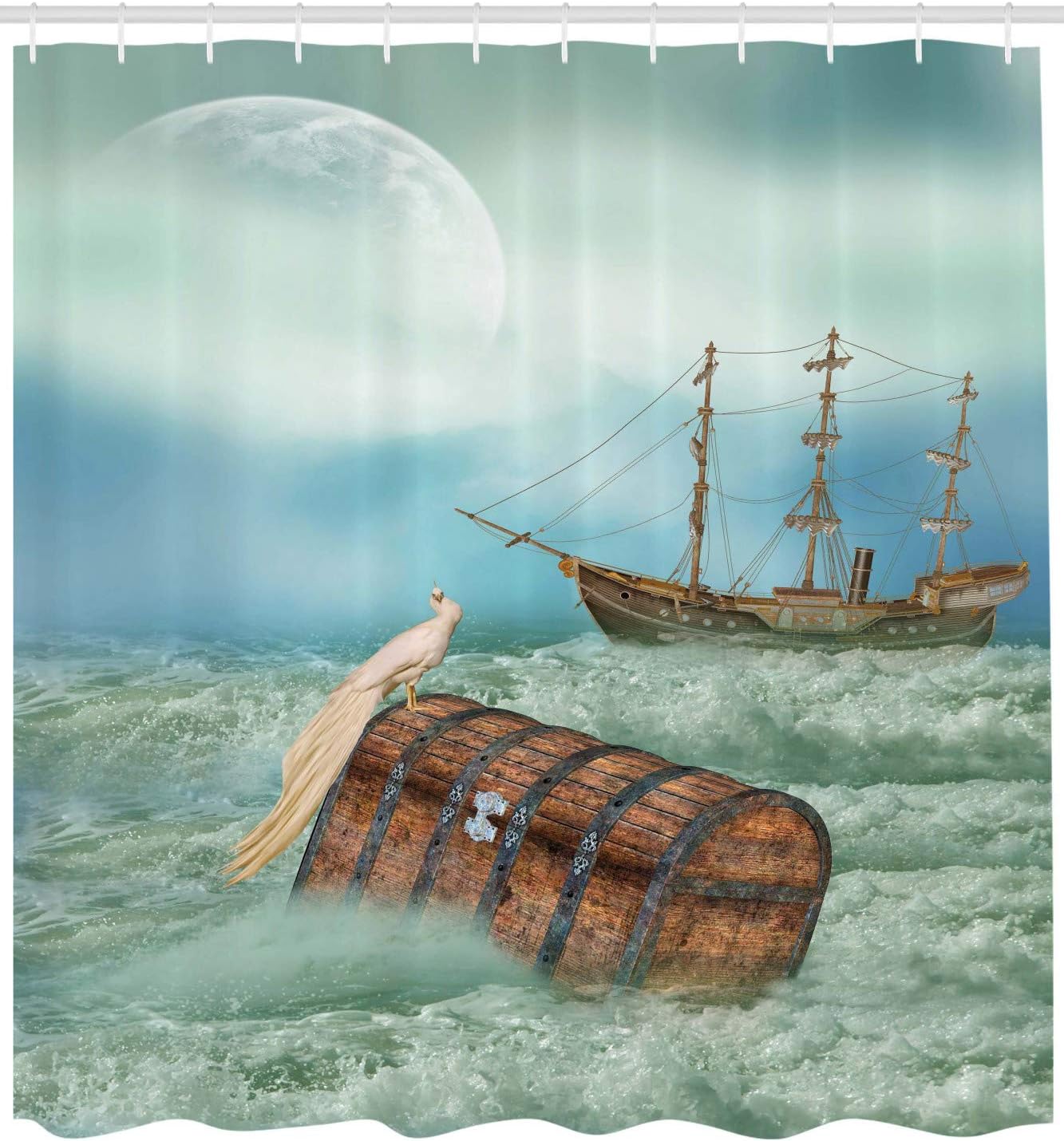 Ambesonne Fantasy Shower Curtain, Antique Old Trunk in Ocean Waves Magic Bird Pirate Boat Fantastic Adventure Art Abstract Picture, Fabric Bathroom Decor Set with Hooks, 69" W x 70" L, Caramel Mint