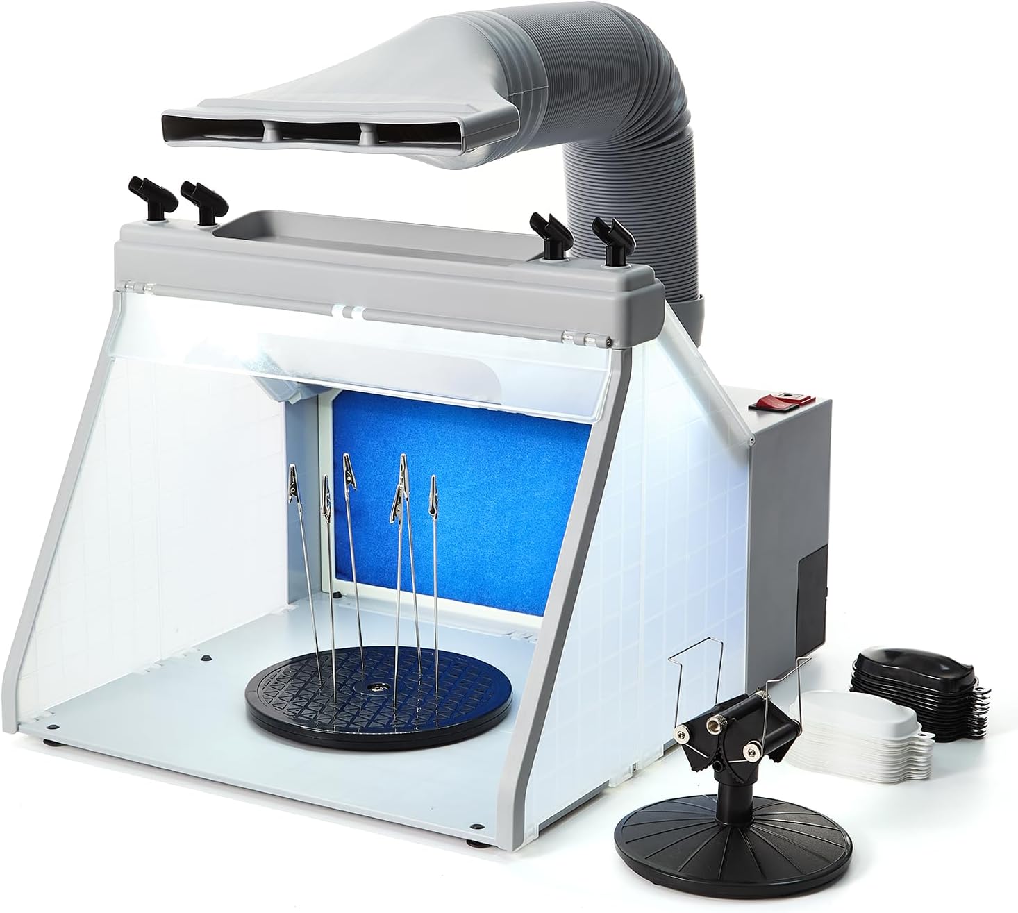 MEEDEN Airbrush Spray Booth Kit: Portable Air Brush Paint Booth - 3 LED Lights Turntable Air Filter Exhaust Hose for Models Arts Crafts Toys
