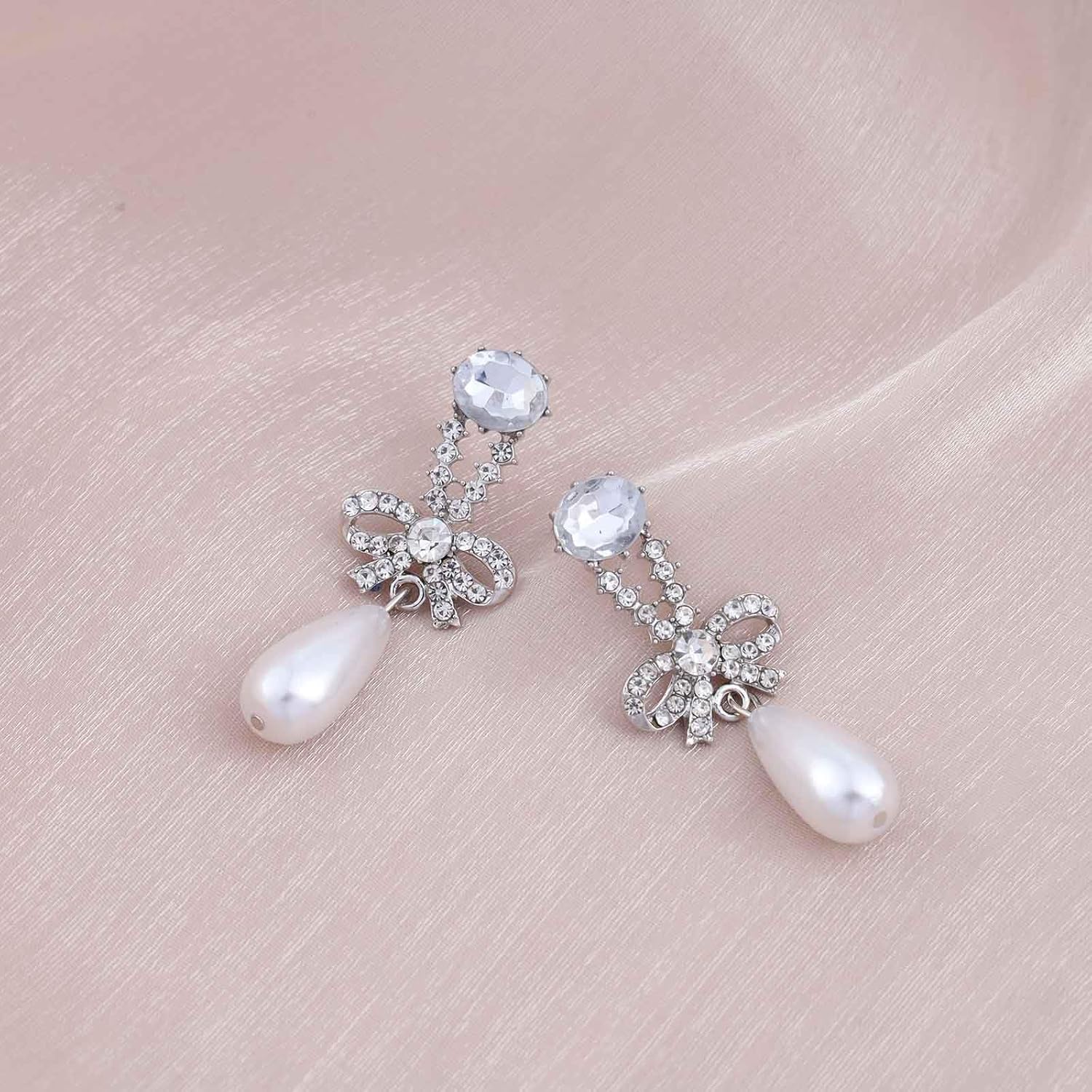 Boho Teardrop Pearl Earrings Rhinestone Pearl Dangle Earrings Silver Cz Bow Stud Earrings Crystal Bow Drop Earrings Gemstone Stud Earrings Jewelry for Women - Image 4