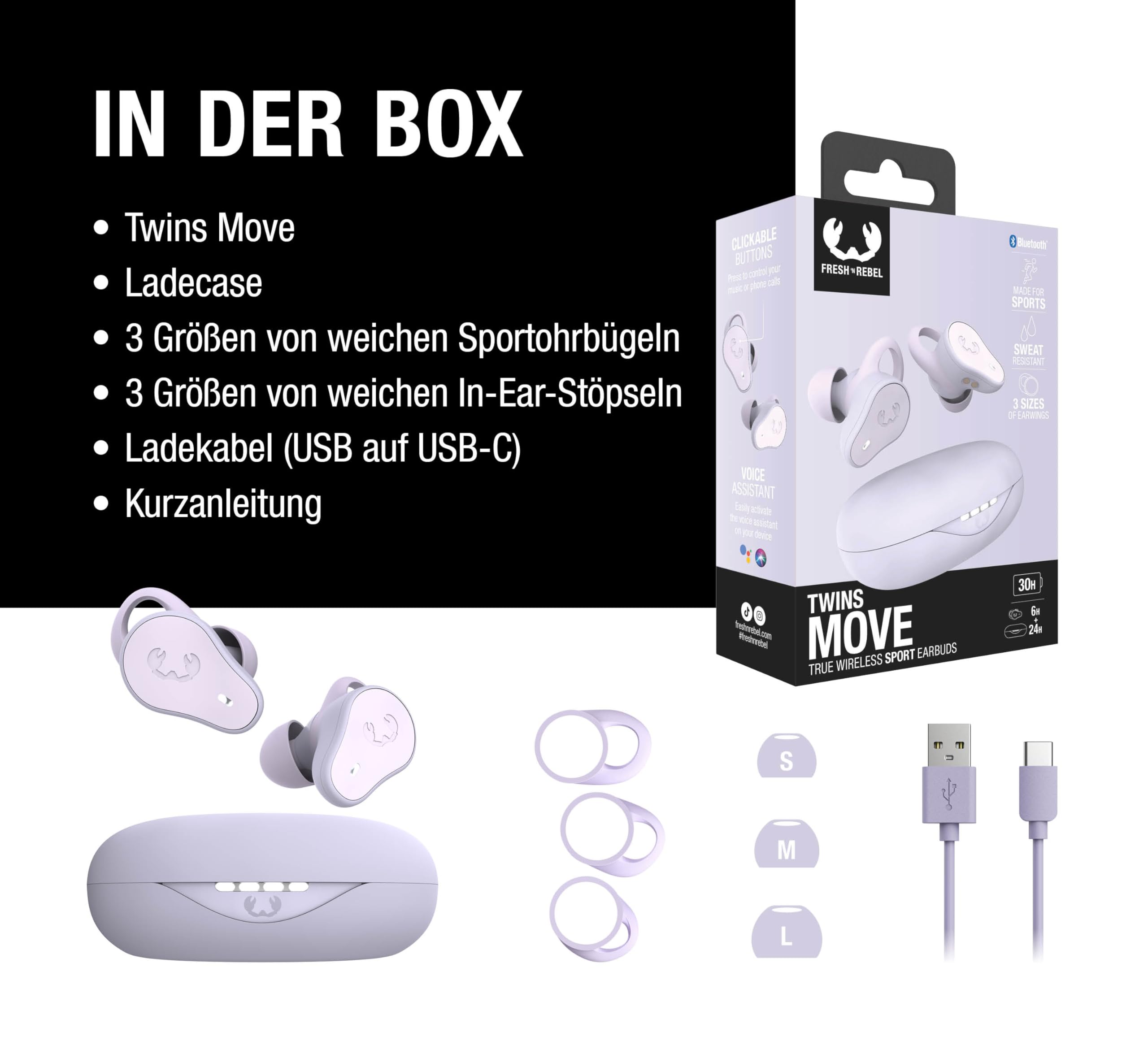 Fresh 'n Rebel Twins Move, kabellose In-Ear Bluetooth Sport Kopfhörer, Spritzwassergeschützt, Dual Master, Mit Mikrofon und klickbarer Taste und Lautstärkeregler, 30 Stunden Spielzeit (Dreamy Lilac)