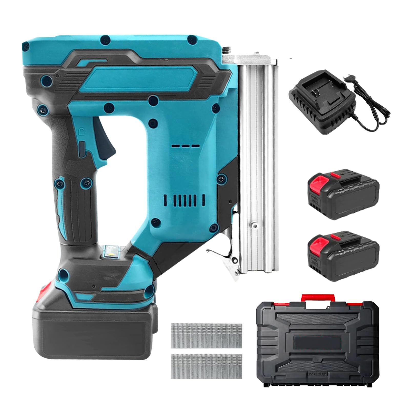 Upgrade Pistola sparachiodi senza fili 900W compatibile con batteria Makita 21V, set di utensili con 2 batterie da 21V e caricabatteria, doppia protezione