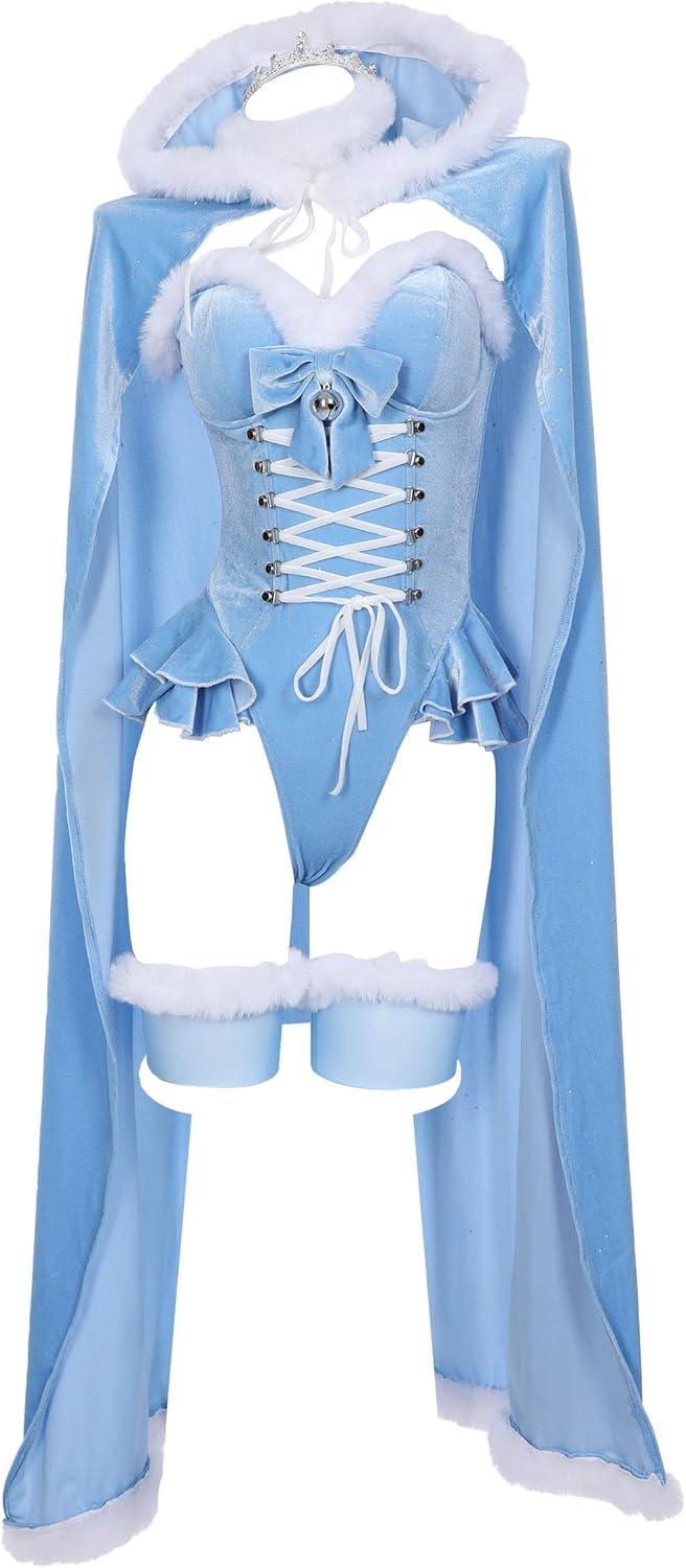 MEOWCOS Women's Bodysuit Queen Cosplay Costume Halloween Christmas Bodysuit Cape Set with Crown Cloak Gloves Socks