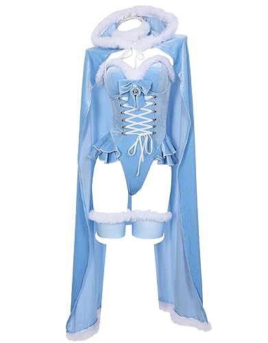 MEOWCOS Women's Bodysuit Queen Cosplay Costume Halloween Christmas Bodysuit Cape Set with Crown Cloak Gloves Socks - Large - Blue