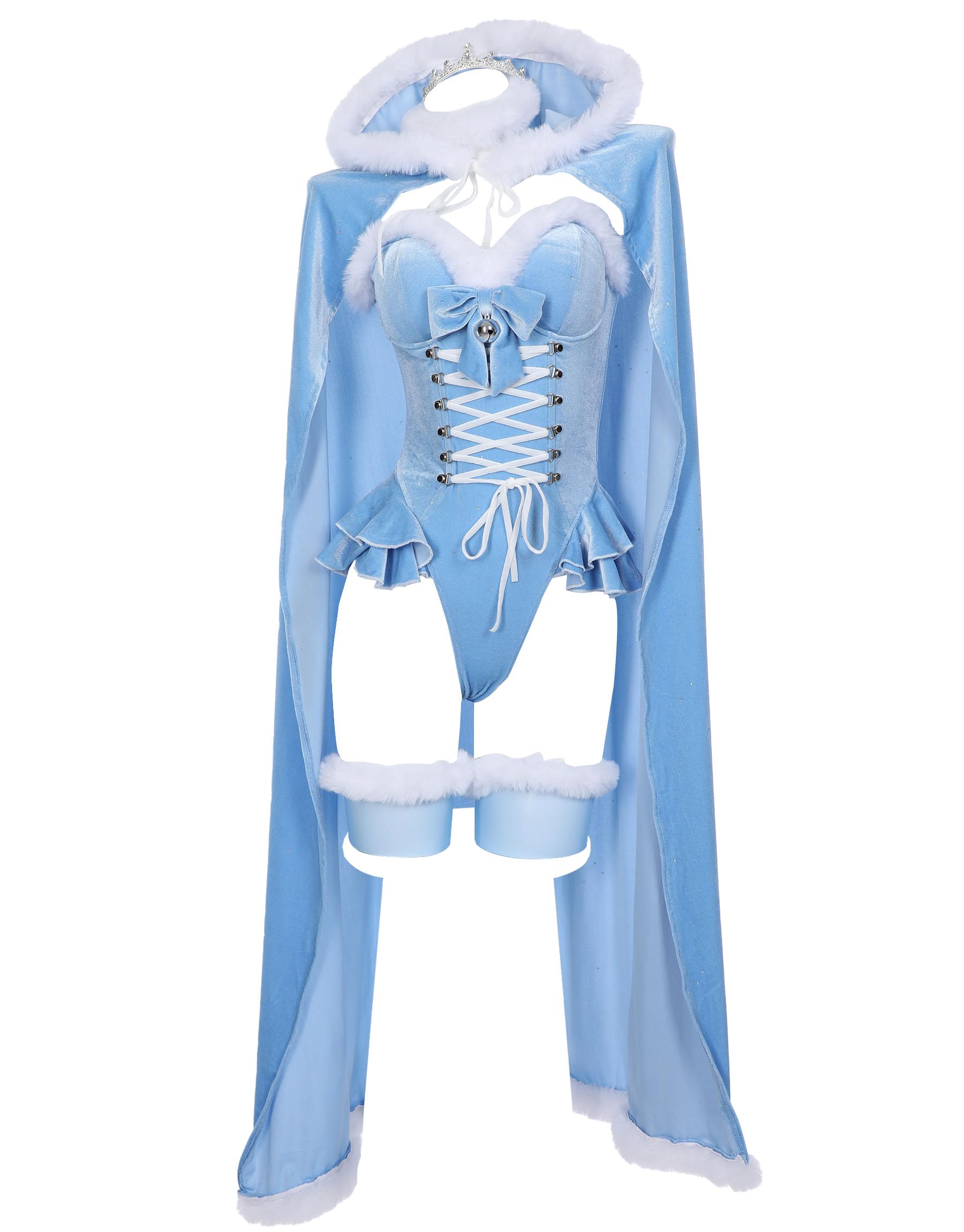 MEOWCOS Women's Bodysuit Queen Cosplay Costume Halloween Christmas Bodysuit Cape Set with Crown Cloak Gloves Socks: X-Large Blue