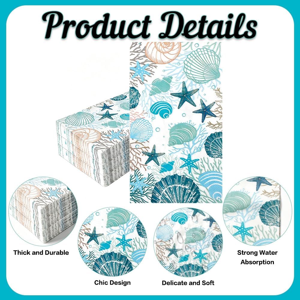 Coastal Beach Napkins, 50 Pcs Seashell Paper Napkins Disposable Ocean Napkins Blue Starfish Coral Cocktail Napkins Under the Sea Nautical Napkins Guests Towels for Summer Birthday Wedding Party Decor