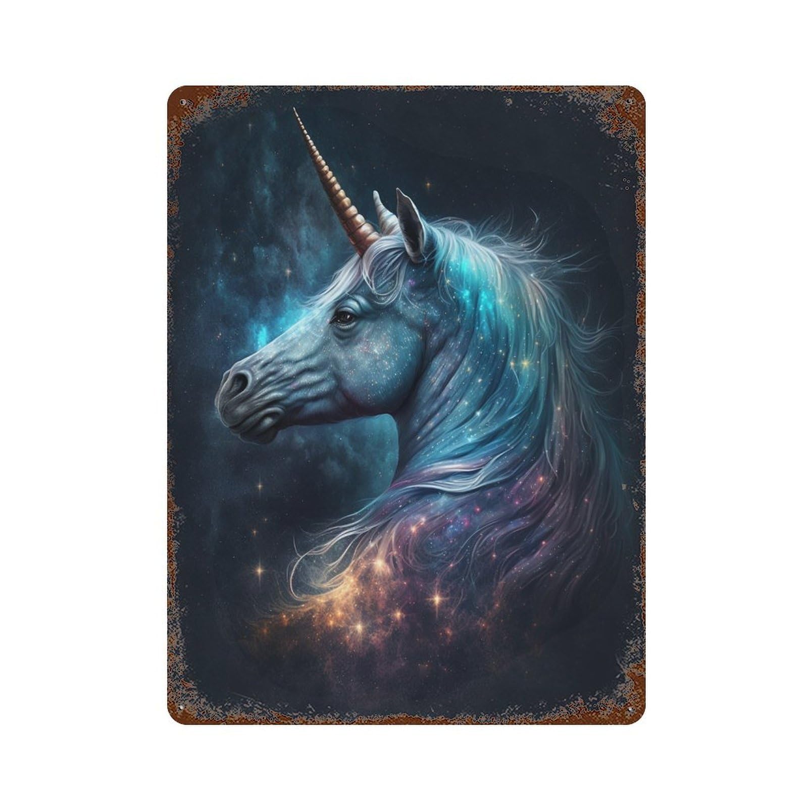 Galactic Unicorn Art Print 15.7"x11.8" Aged Metal Wall Plaque, Vintage Wall Decor for Basement, Hobby Room And Garage Decor