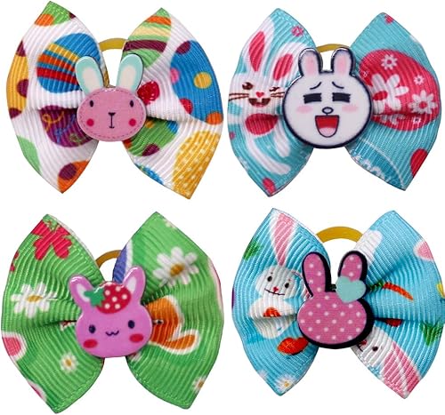 Miniatura 6 de 20 unidades/10 pares de lazos de diamantes de imitación de Pascua para perros con bandas de goma, estilos de huevos de conejo, 1.5 pulgadas,