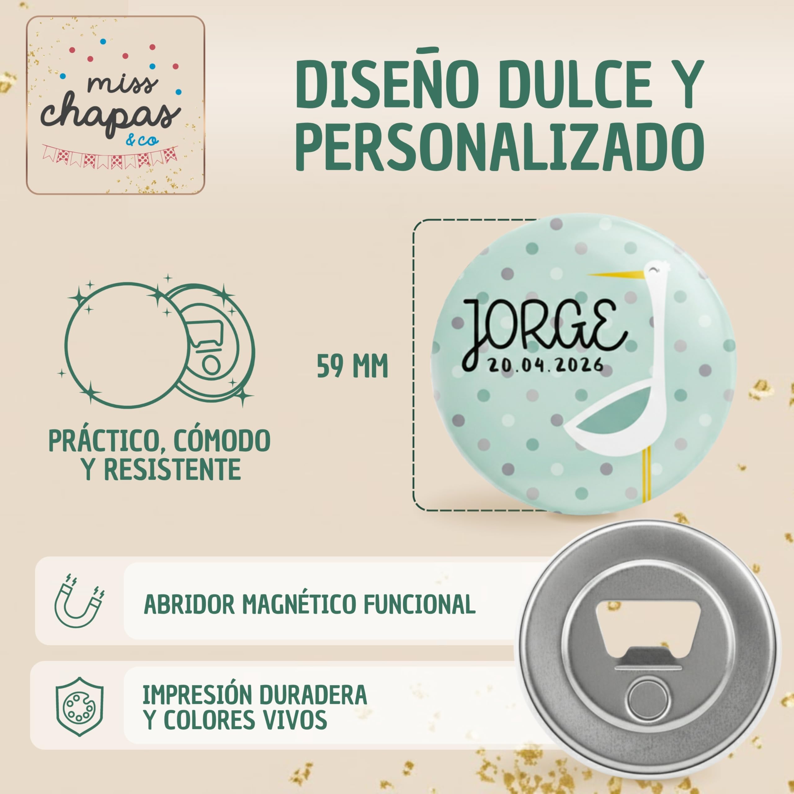 Pack 20 Abridores Magnéticos Personalizados Bautizo Cigüeña Verde Mint – Detalle Invitados Bautismo Bebé Niño | Recuerdo Original y Útil | Presentación Individual Lista para Regalar
