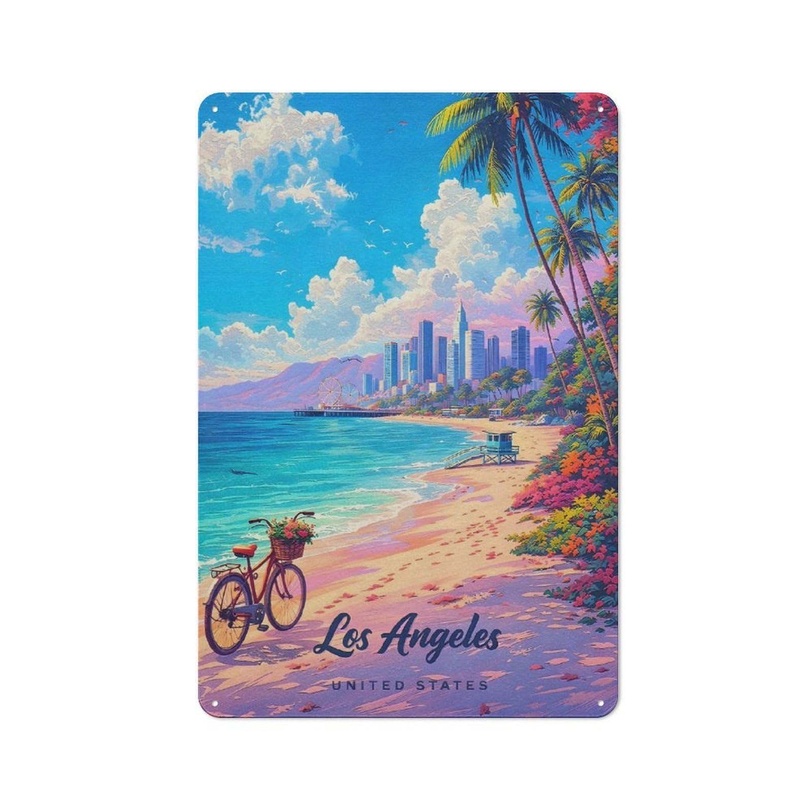 Junmoney Style-15 Metal Wall Plaque With Los Angeles Beach Scene Design 30X20cm, Retro Room Wall Plaque For Home, Shop, Pub Or Studio Wall