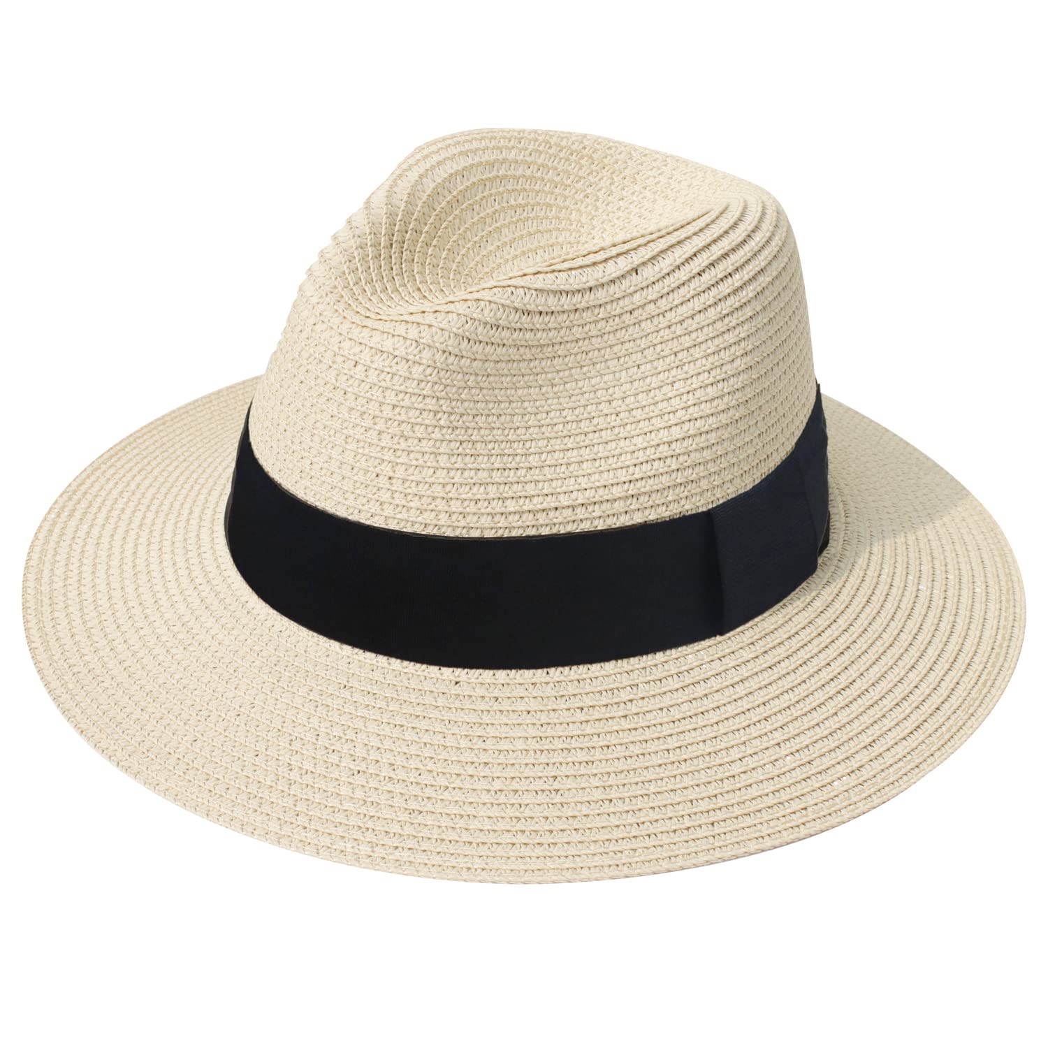 DRESHOW Women Wide Brim Straw Panama Roll up Hat Fedora Beach Sun Hat UPF 50+
