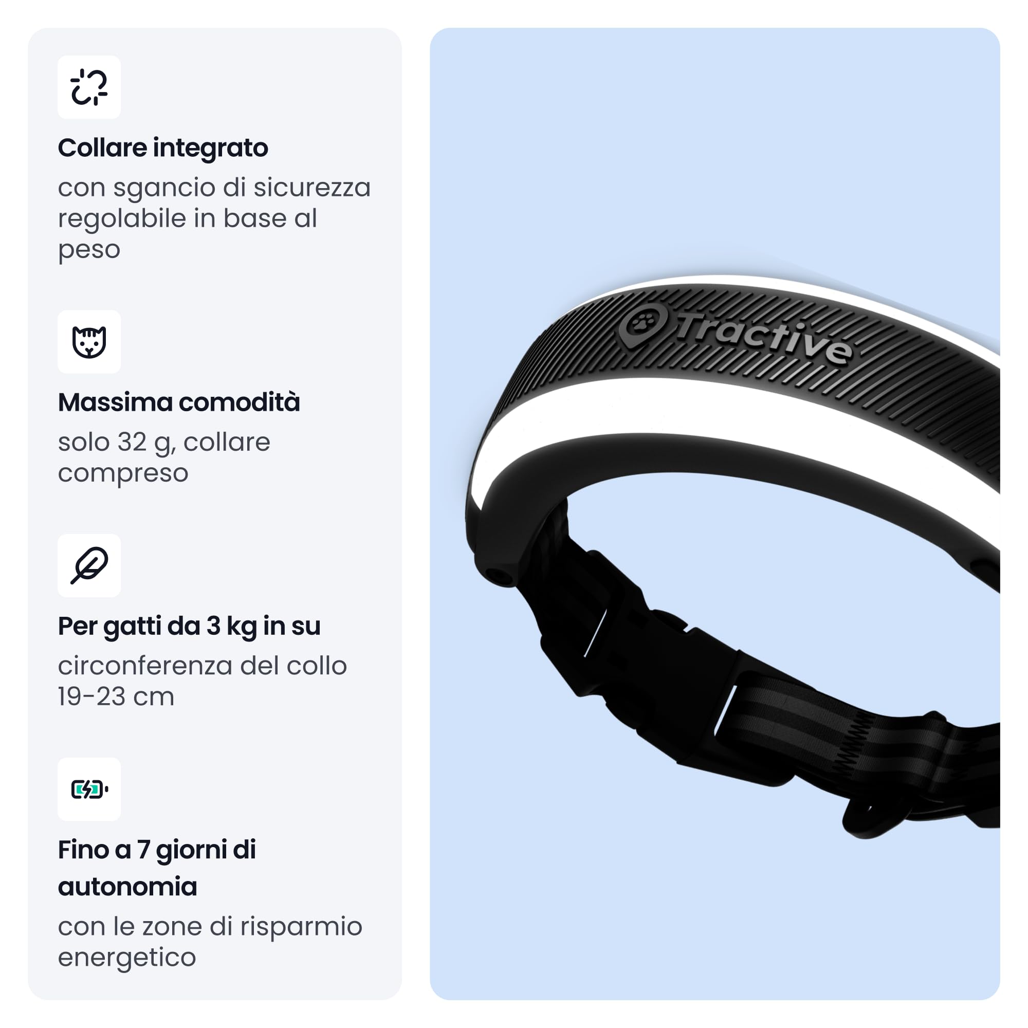 Tractive GPS Gatti Mini | Edizione 2026 | Miglior GPS Gatto | Localizzazione in Tempo Reale | Avvisi di Salute e Monitoraggio dei Parametri Vitali | Sgancio di Sicurezza | Collare Integrato (Nero)
