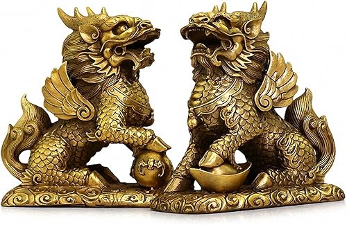 Feng Shui - Juego de dos estatuas de prosperidad de latón dorado Chi LinKylin, decoración del hogar, atrae riqueza y buena suerte