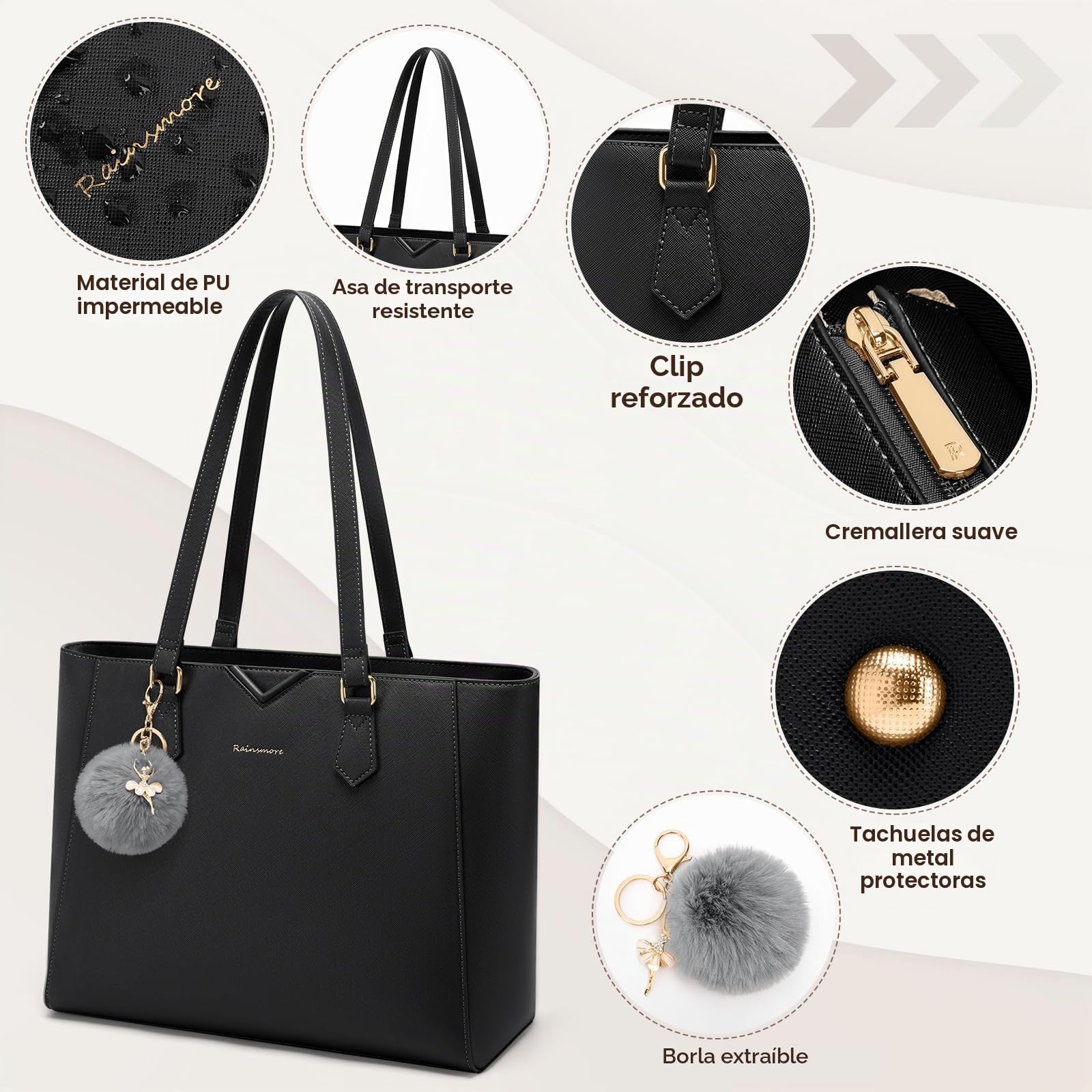 RAINSMORE Bolso Mujer Grande Bolso Universidad Impermeable Bolsos Shopper Tote Mujer para Portátil Cuero PU con Pompon Extraíble para Trabajo Escuela Viajes