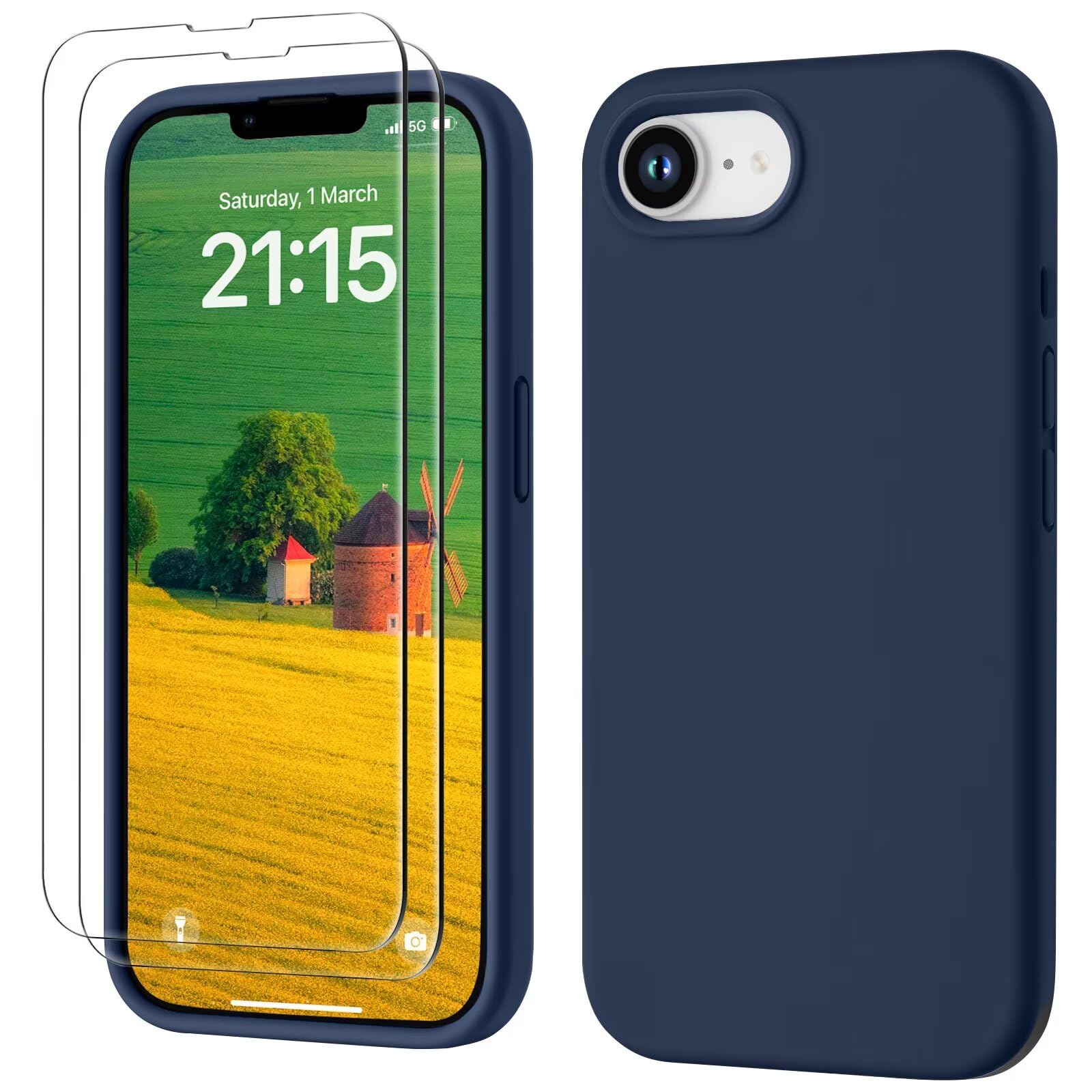 GOODVISH 3 in 1 Silicone Cover per iPhone 16e 6.1", Custodia con 2 Pellicola Vetro Temperato [Protezione Fotocamera] Protezione Anticaduta Case per Cellulare Antiurto Resistente, Blu Navy
