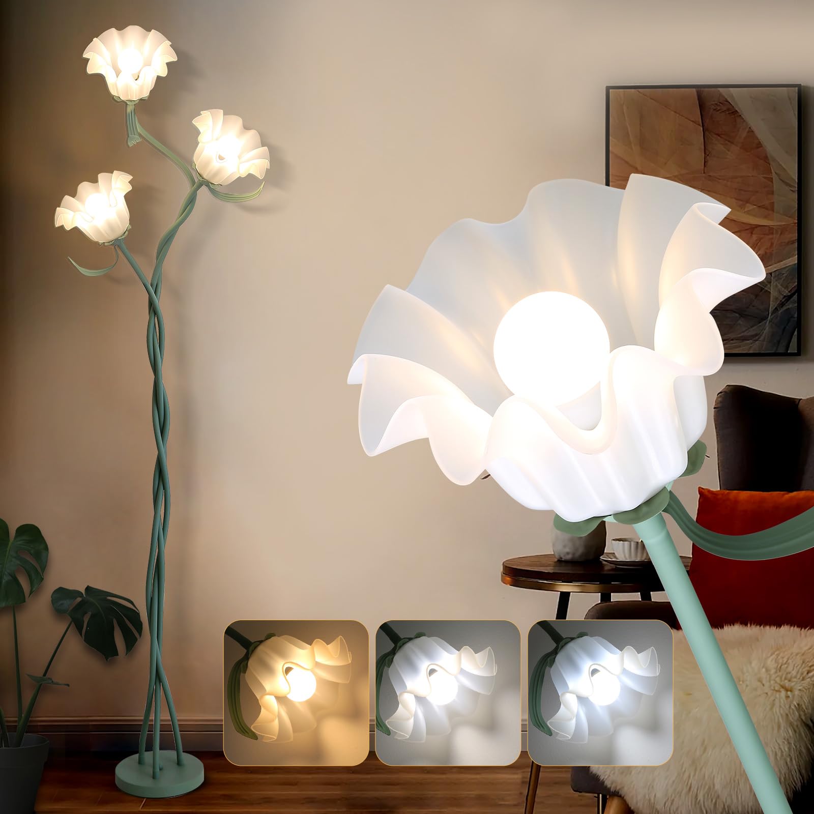 Vintage 3 Heads Flower Floor Lamp for Living Room, 3 Color