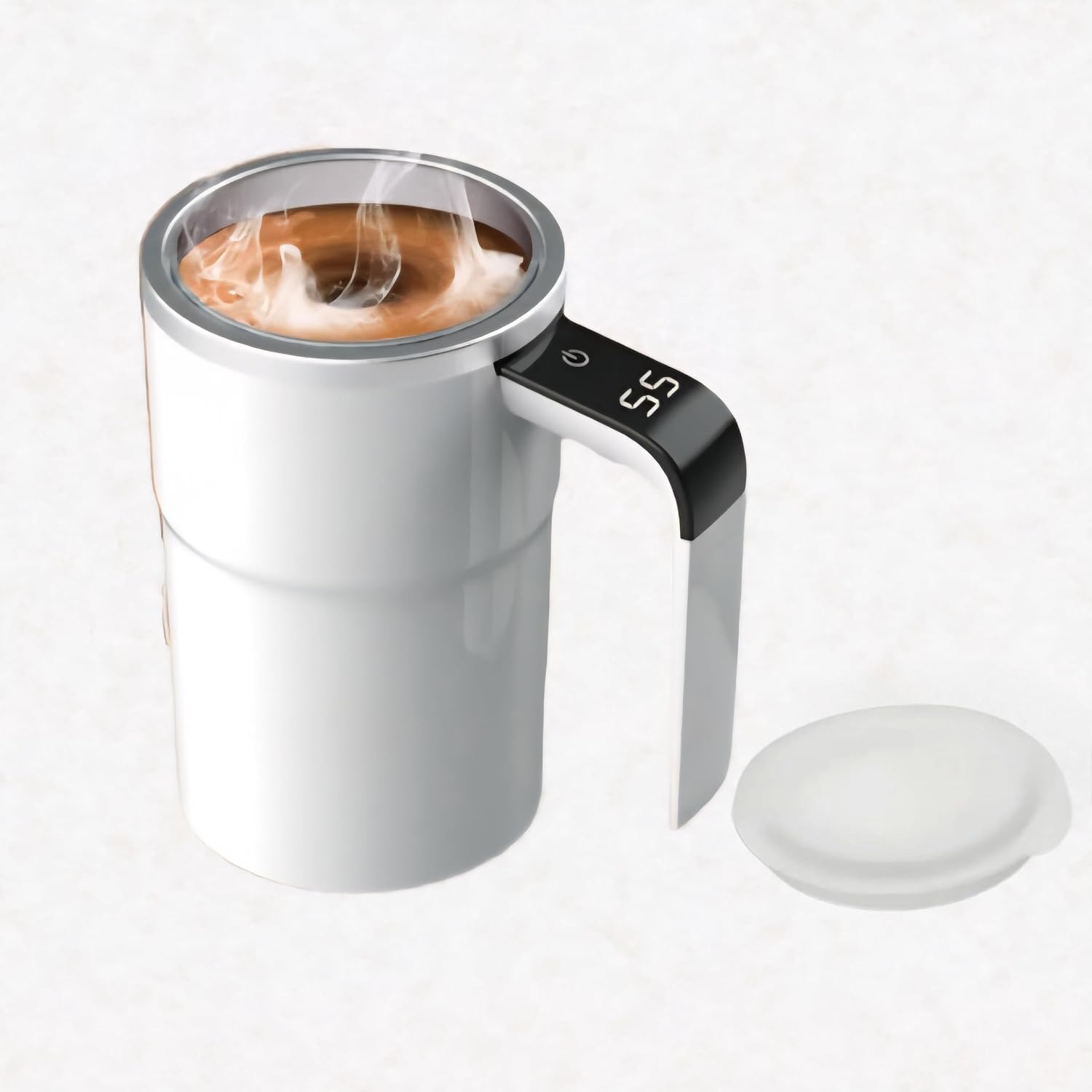 EZ-U Automatic Magnetic Stirring Coffee Mug with Temperature, stirring time Display, Rechargeable, Stainless Steel, Self Mixing Cup for Home Office Kitchen Travel Birthday Gift (White).