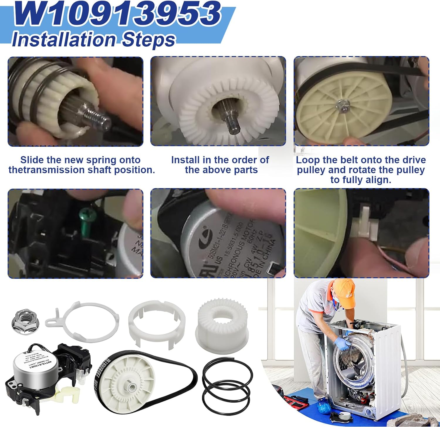 W10913953 Washer Shift Actuator W10721967 Pulley Clutch W10006384 Drive Belt Kit Compatible with Whirlpool Kenmore Maytag Amana Washing Machine Replaces W10815026 W10597177 49tyz-e120a1