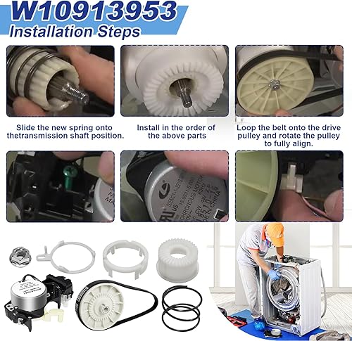 Miniatura 5 de W10913953 Actuador de cambio de arandela W10721967 Embrague de polea con kit de correa de transmisión W10006384 compatible con lavadora Whirlpool