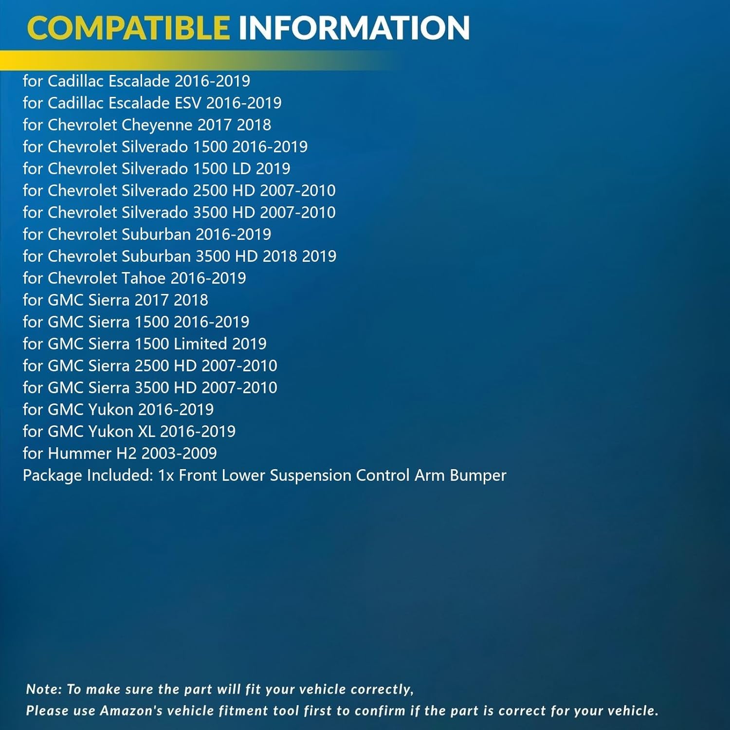 Front Lower Suspension Control Arm Bumper Replacement for Cadillac Escalade 6.2L 4WD AWD 2016, for Chevrolet Silverado 1500 2.7L 2019, for GMC Sierra 1500 4.3L 5.3L 6.2L 4WD 2016 2017