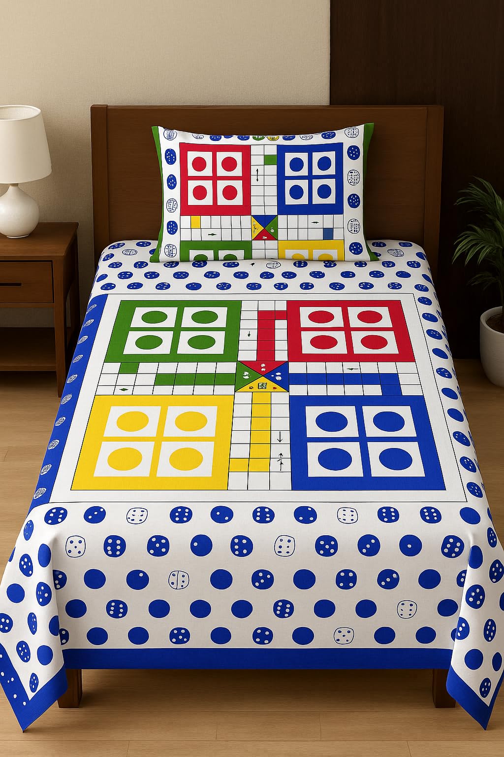 Ludo Board Game Bedding Set, Cotton Duvet Cover with Polka Dot Pattern, Blue White Red Yellow Green, Single Bed Size-picture-50