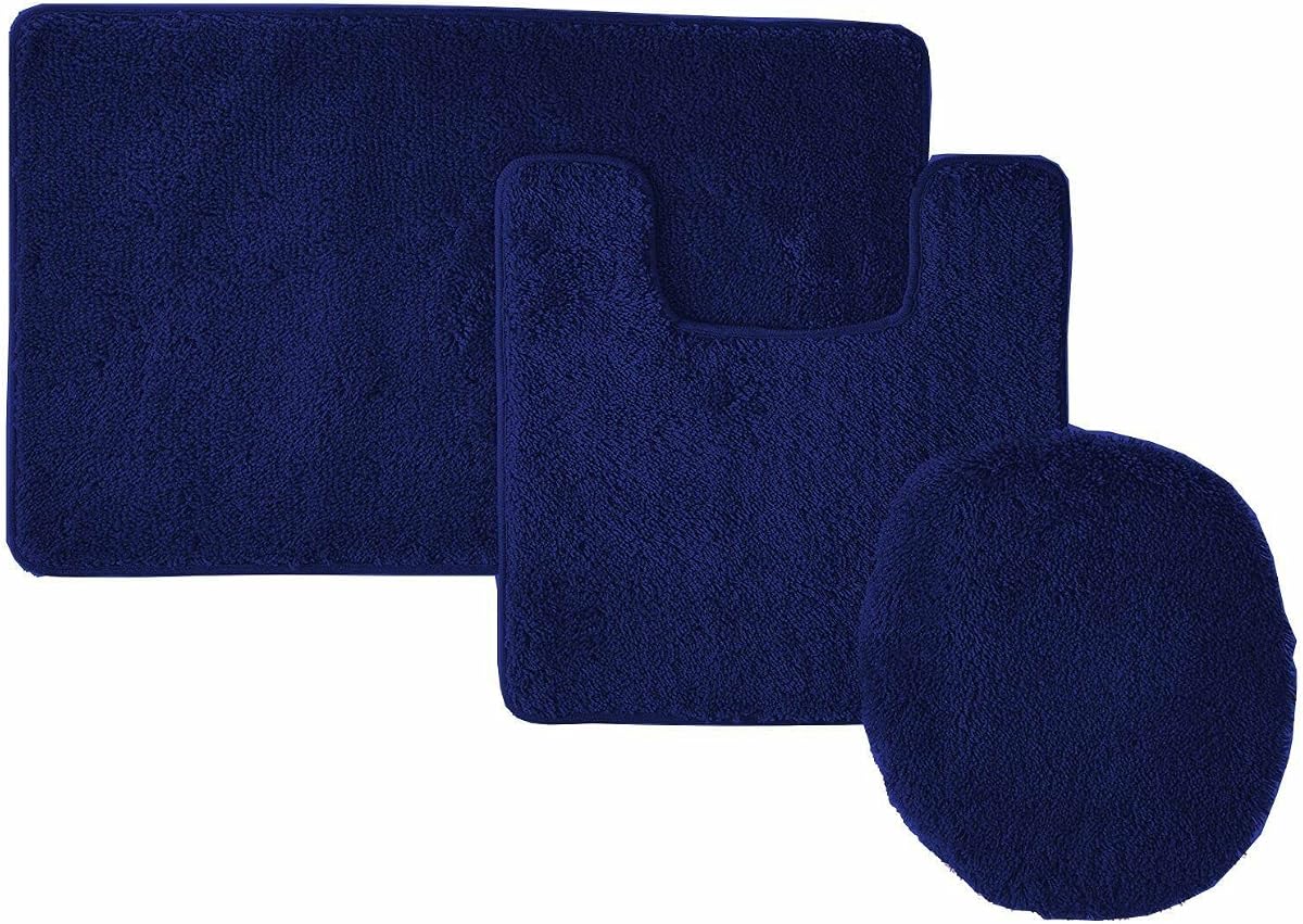 Empire Home 3 Piece Bathroom Set Solid Colors - Bath Mat + Contour Rug + Toilet Lid Cover- Soft Rug (Blue)