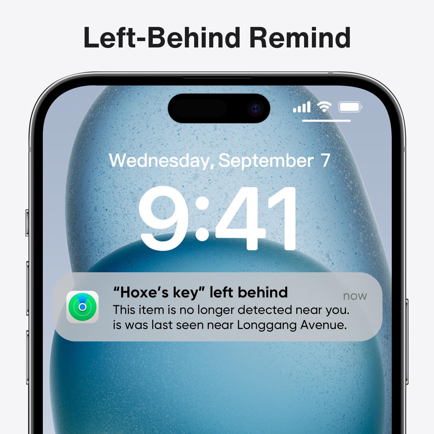 iPhone screen showing a 'Left-Behind Remind' notification for an iVANKY FusionFinder