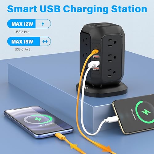 Vista 19 de AiJoy - Torre de regleta de alimentación USB C, protector de sobretensiones con 12 salidas de CA y 4 puertos USB, cable de extensión AiJoy de 10