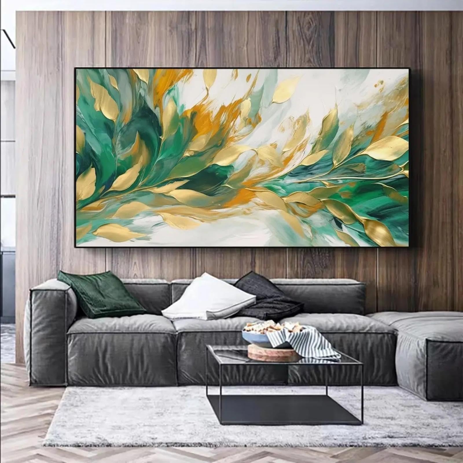 Cuadro abstracto de hojas modernas grandes sobre lienzo, decoración artística dorada, planta verde, pintado a mano, arte de pared para sala de estar, 70 x 140 cm (28 x 55 pulgadas), con marco dorado.