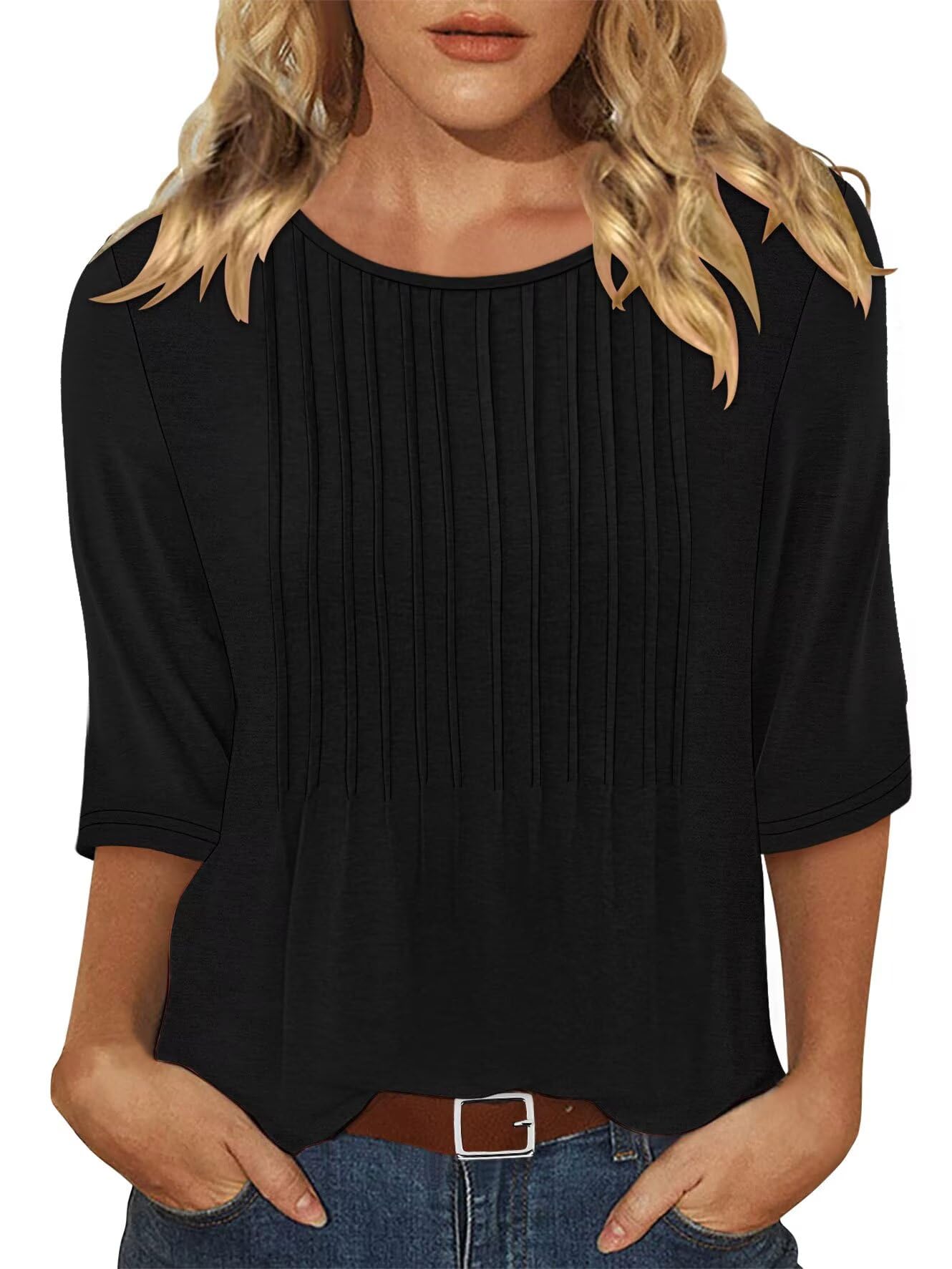 KISSMODA Women's Round Neck Pleated 3/4 Sleeve Tunic Top